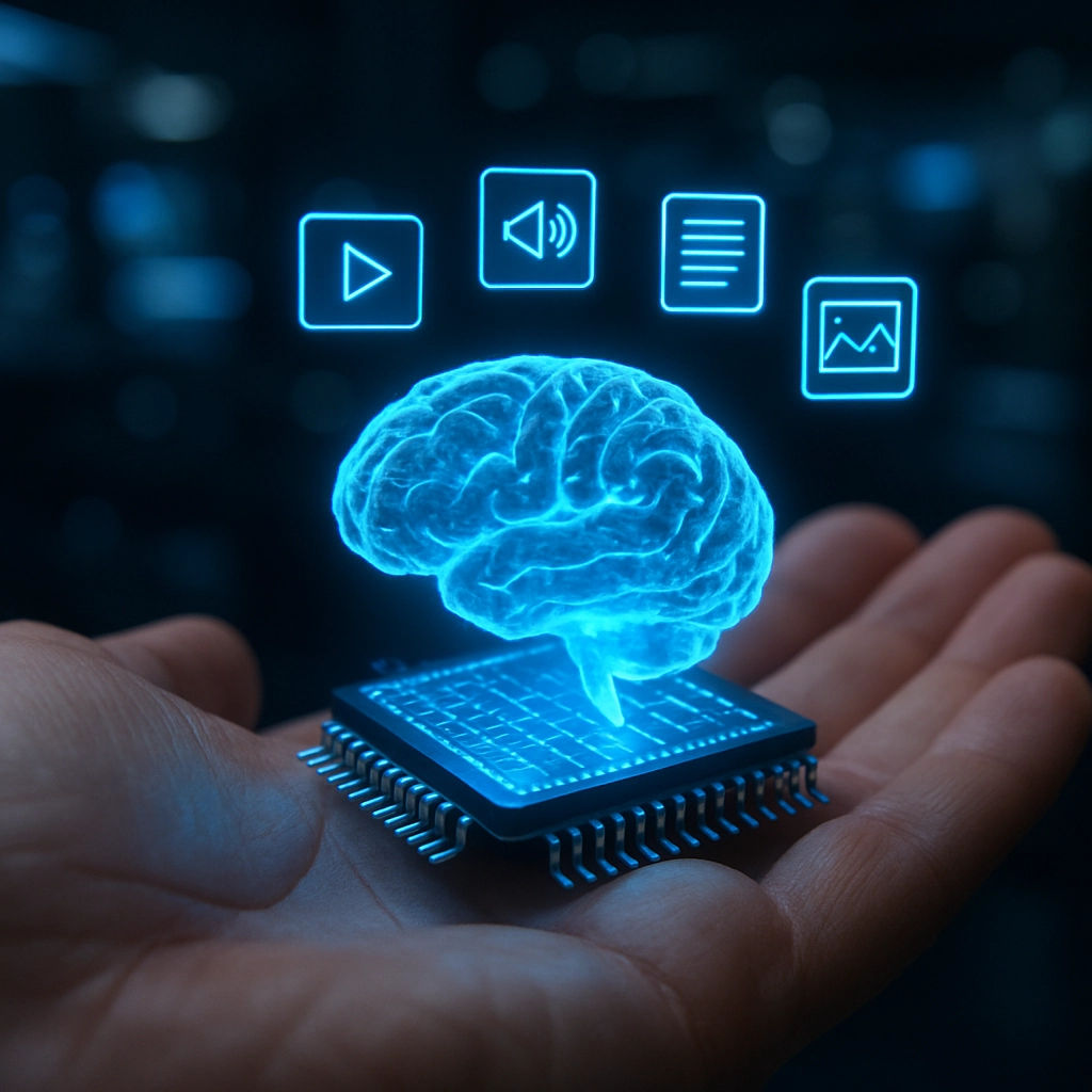 A highly detailed, photorealistic 3D render of a tiny, glowing blue microchip shaped like a human brain, resting in the palm of a human hand. The chip has nano-scale circuits visible, and around it, small holographic icons representing video, audio, text, and an image are floating. The background is a dark, high-tech lab with soft bokeh lights. The image must look incredibly detailed and futuristic. IMPORTANT: Generate an image WITHOUT ANY TEXT, LETTERS, OR WORDS