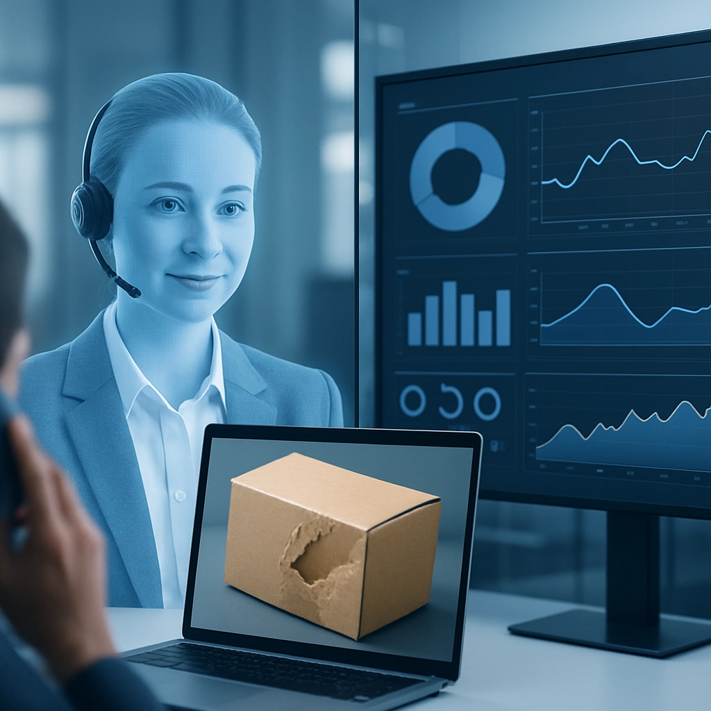 A split-screen photorealistic image showing two scenarios. On the left, a customer service agent (a humanoid AI hologram) is looking at a damaged product image and listening to a customer. On the right, a large data dashboard is showing instant resolution analytics and graphs. The style is clean, corporate, and high-tech with blue and white color scheme. The AI agent has a friendly but professional expression. IMPORTANT: Generate an image WITHOUT ANY TEXT, LETTERS, OR WORDS