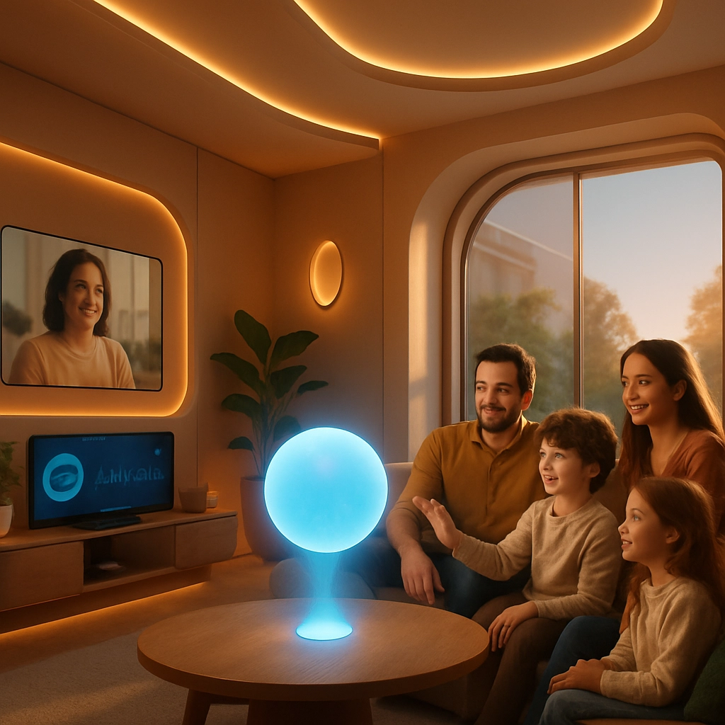 A futuristic, warm-toned interior of a smart home living room. A family is interacting naturally with a central AI agent projected as a soft, translucent blue sphere. The AI is analyzing a video call on one screen, playing music based on their mood, and adjusting the lighting based on the time of day. The family looks relaxed and happy. The image should convey seamless, intuitive interaction between humans and AI. IMPORTANT: Generate an image WITHOUT ANY TEXT, LETTERS, OR WORDS