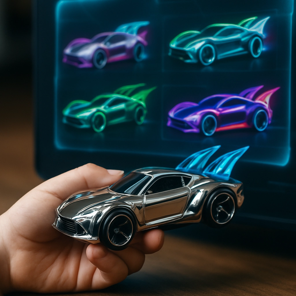 A realistic, high-quality digital image showing a child's hand holding a futuristic, chromed-out Hot Wheels car. In the background, a holographic screen displays multiple AI-generated variations of the same car design, each with different neon colors and aerodynamic fins. The scene emphasizes the speed and creativity of AI-driven design. No text, letters, or words are visible.