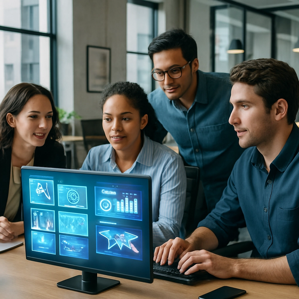 A high-resolution, realistic image of a content team working in a sleek, modern office. One screen shows a dashboard with AI-generated content suggestions, sentiment analysis graphs, and translation options. No text, letters, or words are present; instead, the visual focus is on the dynamic relationship between the human professionals and the glowing AI interface.