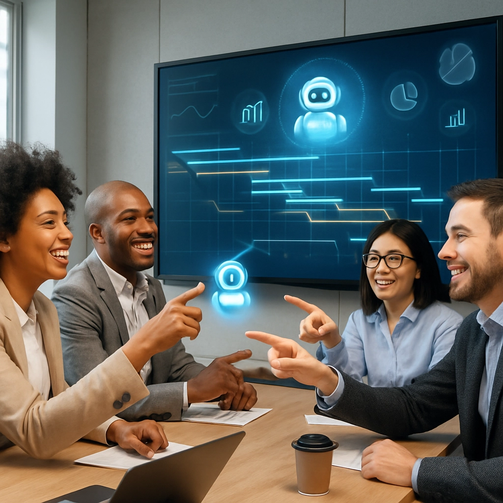 A realistic, detail-rich image of a meeting room where a diverse group of professionals are smiling and pointing at a large touchscreen. The screen shows a complex project timeline being rebuilt in real-time by an AI assistant, with floating productivity metrics. The mood is collaborative and optimistic. No text, letters, or words are visible.