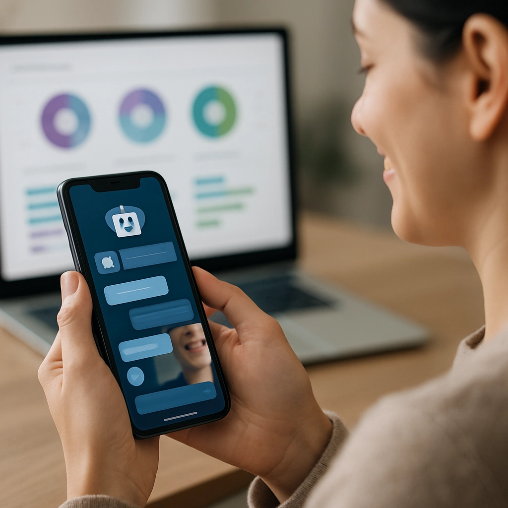 A clean, realistic image of a person comfortably using a smartphone. On the screen, a conversational AI chatbot interface is visible, and the person’s reflection shows a smile of satisfaction. Behind them, a blurred dashboard shows customer segments being dynamically updated. No text, letters, or words are present.