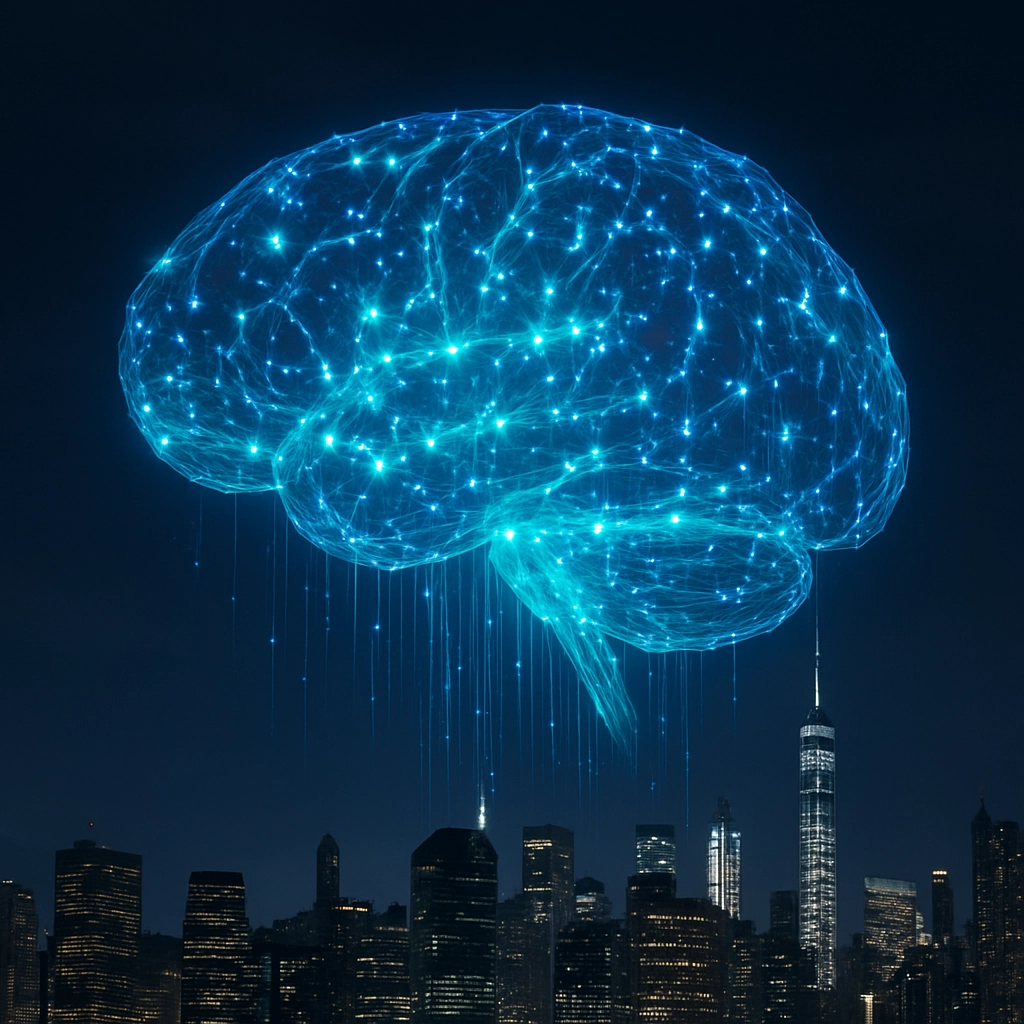 A photorealistic image of a massive, glowing digital brain composed of interconnected nodes and data streams, floating above a futuristic city skyline at night. The brain should pulse with blue and green light, symbolizing the foundational model. No text, letters, or words should appear anywhere in the image.