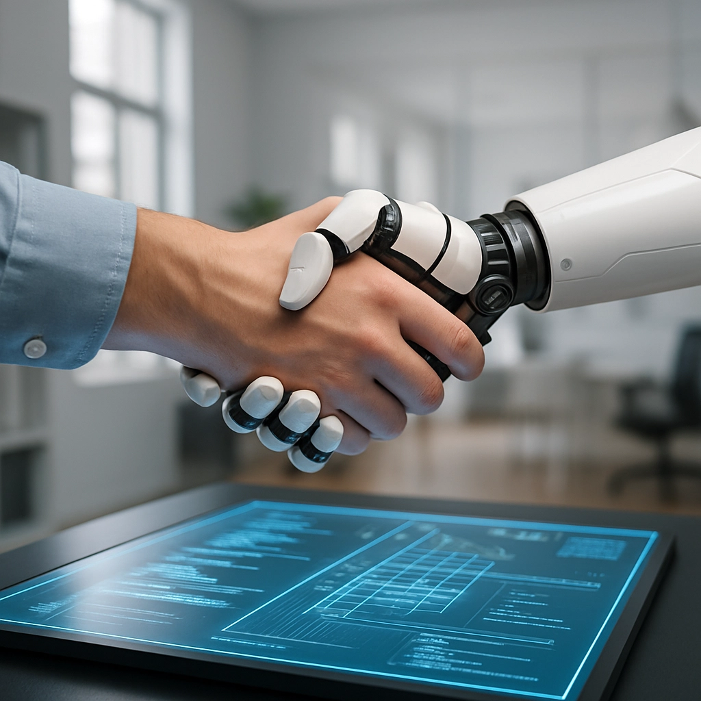A high-quality image of a human hand and a robotic hand handshaking over a glowing holographic screen displaying complex code and design blueprints. The background should be a modern, minimalist office space. Emphasize collaboration and symbiosis. No text, letters, or words should appear anywhere in the image.