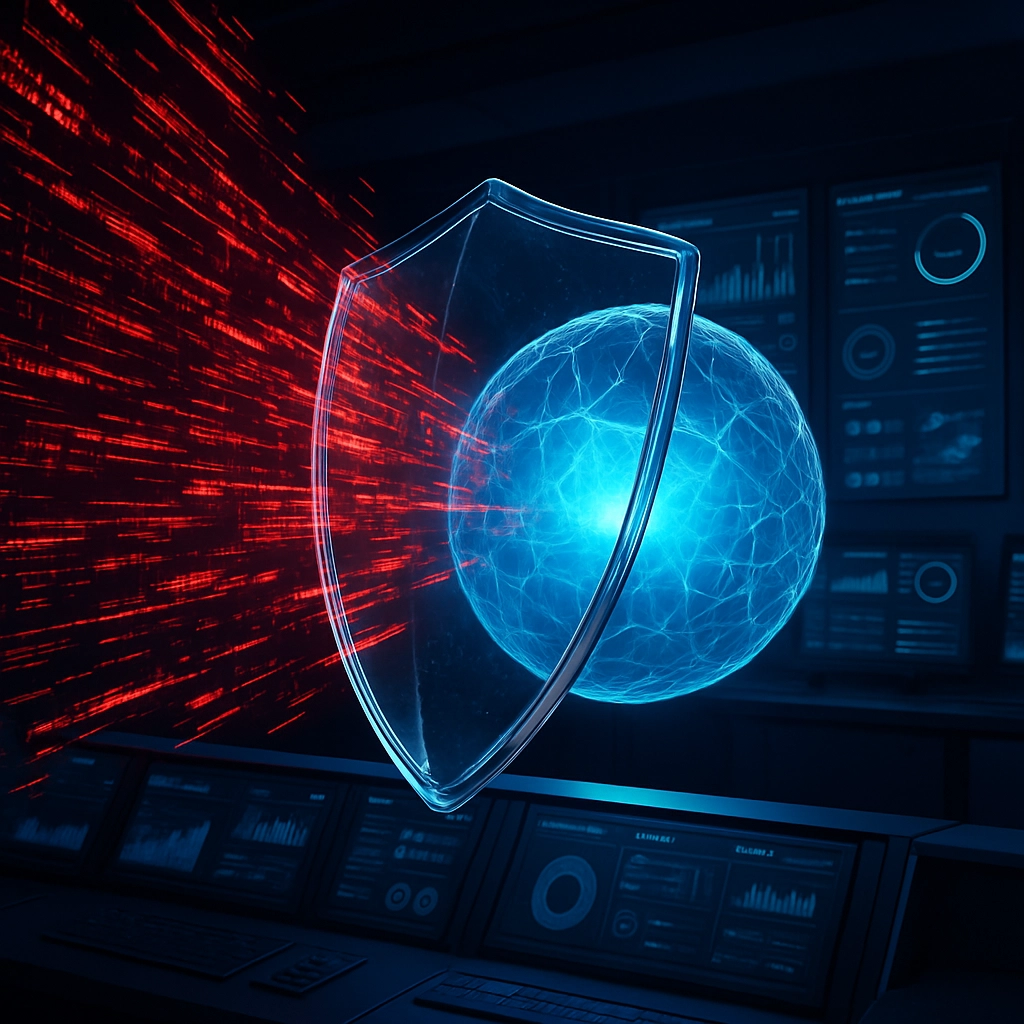 A photorealistic image of a transparent, glass-like shield blocking harmful-looking red code and data streams from entering a protected, glowing blue network core. The setting should be a futuristic control room with dashboard displays showing security metrics. No text, letters, or words should appear anywhere in the image.