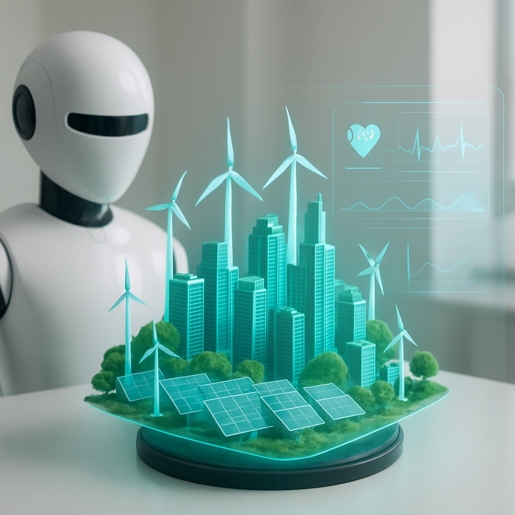 A photorealistic, high-quality image of an AI system projecting a 3D holographic model of a sustainable, futuristic green city with wind turbines and solar panels, overlaid with health data and medical charts. The scene should be clean, professional, and inspiring. No text, letters, or words should appear anywhere in the image.