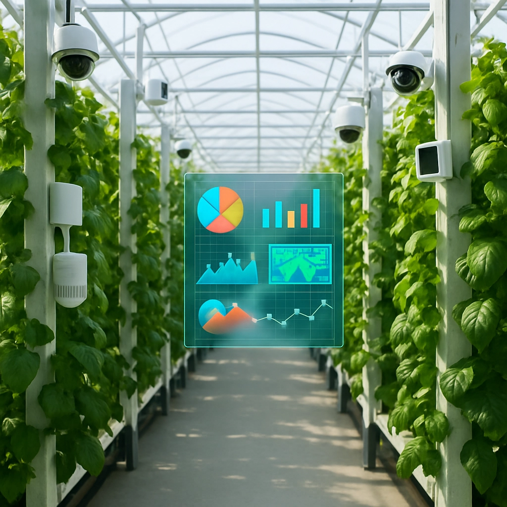 A photo-realistic digital illustration of a modern greenhouse interior, showing a complex network of IoT sensors and cameras mounted on vertical growth towers. Plants are vibrant and healthy. A central holographic display shows colorful data charts and a map of the facility. The scene must be bright, clean, and professional. Generate an image WITHOUT ANY TEXT, LETTERS, OR WORDS.