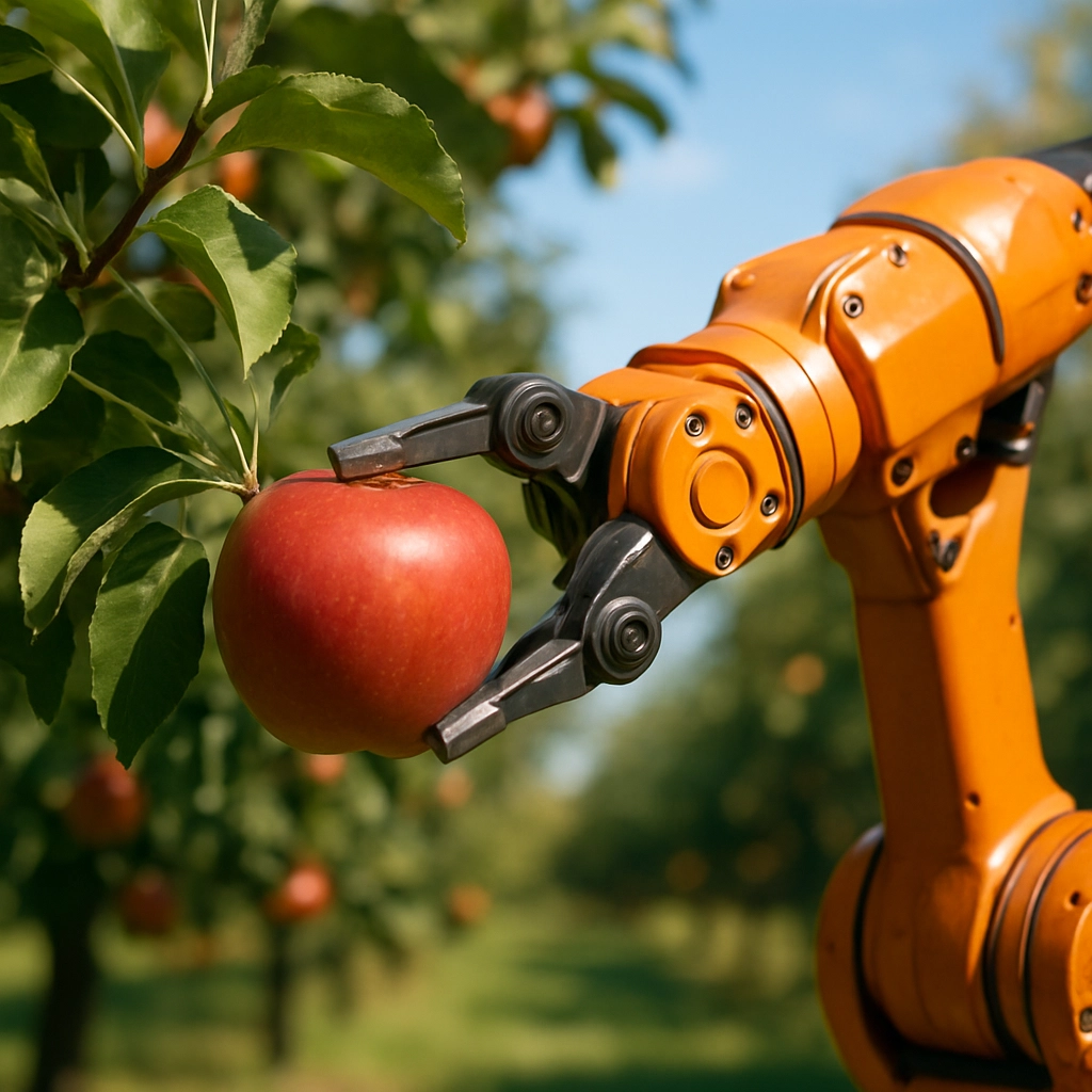 A hyper-realistic close-up shot of an orange robot arm gently picking a ripe red apple from a tree in an orchard. The background is a blurred, sun-dappled view of other trees and a blue sky. Focus on the precision and safety of the robotic grip. The image must be devoid of any text, letters, numbers, or human figures.