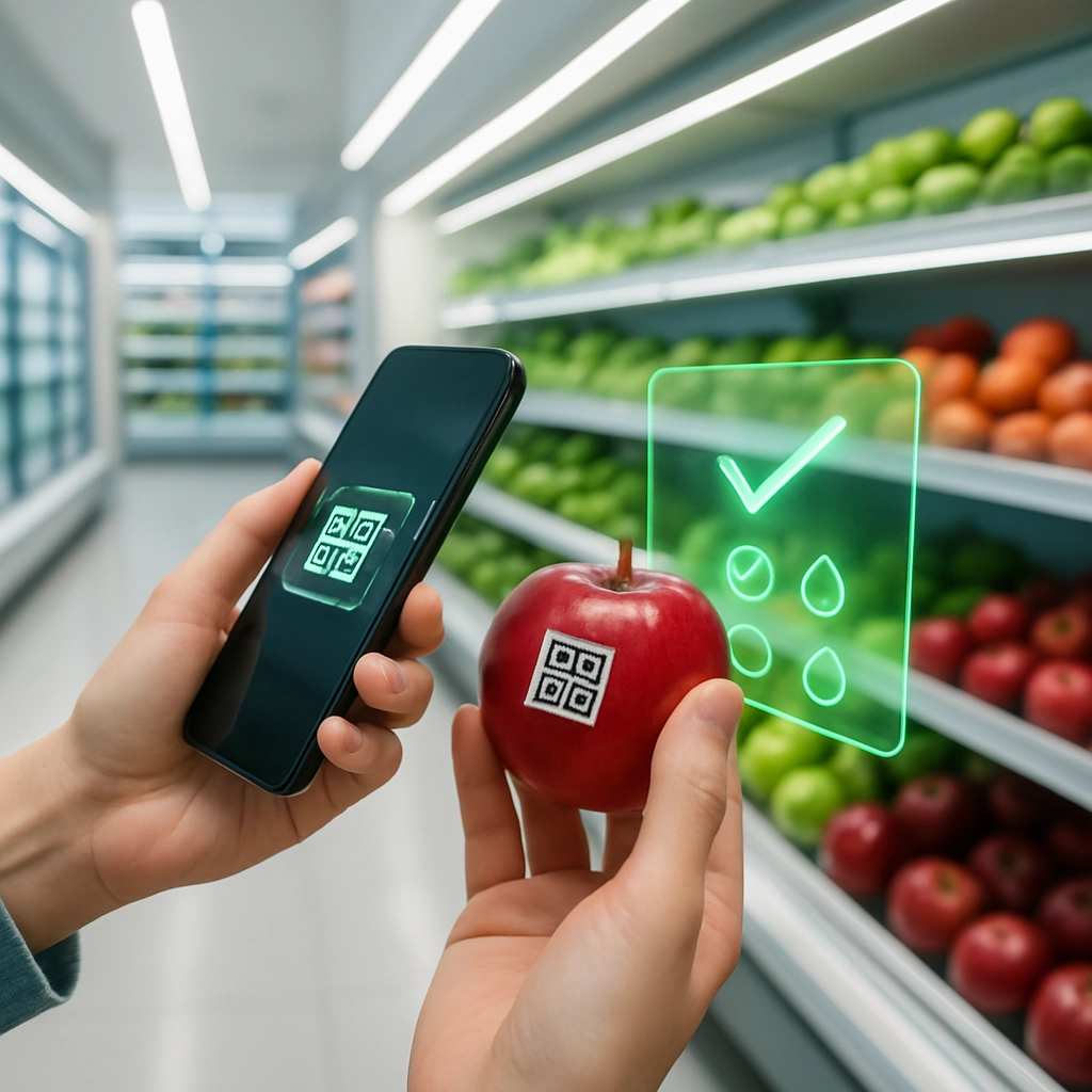 A futuristic, clean image of a grocery store aisle. A shopper’s hand is holding a smartphone and scanning a QR code on a shiny red apple. A floating holographic interface next to the apple displays subtle, glowing green checkmarks and water droplet icons, representing sustainability data. The store should look modern and bright. Generate an image WITHOUT ANY TEXT, LETTERS, OR WORDS on the screens or the apple.