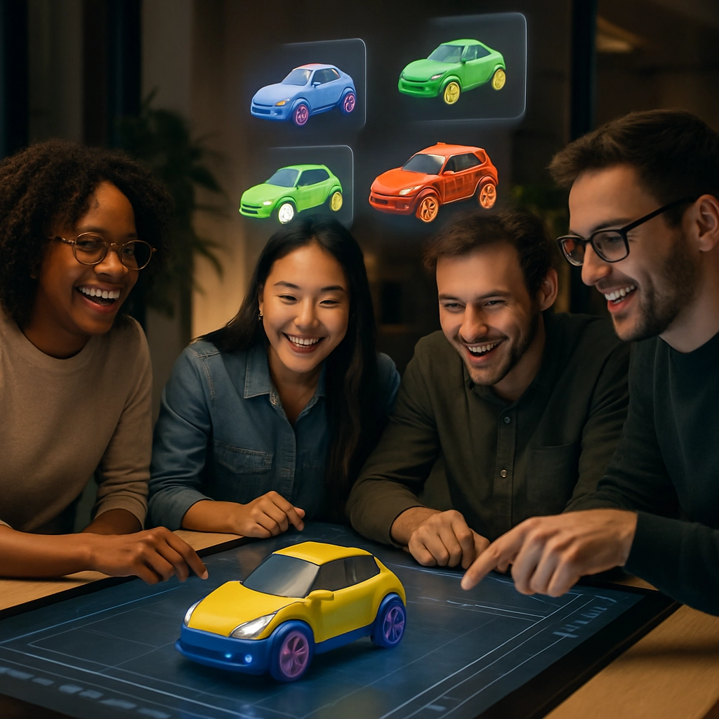 A realistic, high-quality digital image depicting a diverse team of brand managers and graphic designers gathered around a large touchscreen table. On the screen, a colorful 3D model of a toy car is being generated and refined in real time, with AI suggesting design variations (different colors, shapes, and decals) as floating holograms above the table. The room is stylish and modern, with soft ambient lighting. The team looks engaged and excited. The image must be generated WITHOUT ANY TEXT, LETTERS, OR WORDS, focusing on the collaborative and creative process.