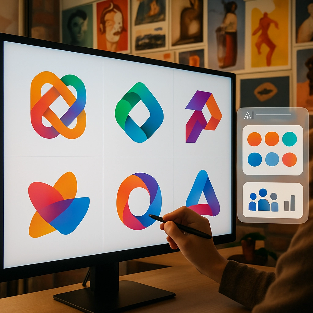 A creative workspace with a large digital canvas displaying a series of abstract, colorful brand logo designs. Different variations of a geometric logo are shown, each with unique color palettes and visual elements. A designer is using a stylus to refine one of the variations, while an AI companion interface appears as a floating screen showing suggestions for color psychology and target audience appeal. The room is filled with posters of famous brand campaigns, reflecting the creative industry. The image must be generated WITHOUT ANY TEXT, LETTERS, OR WORDS, focusing on the collision of human creativity and AI-generated design concepts.