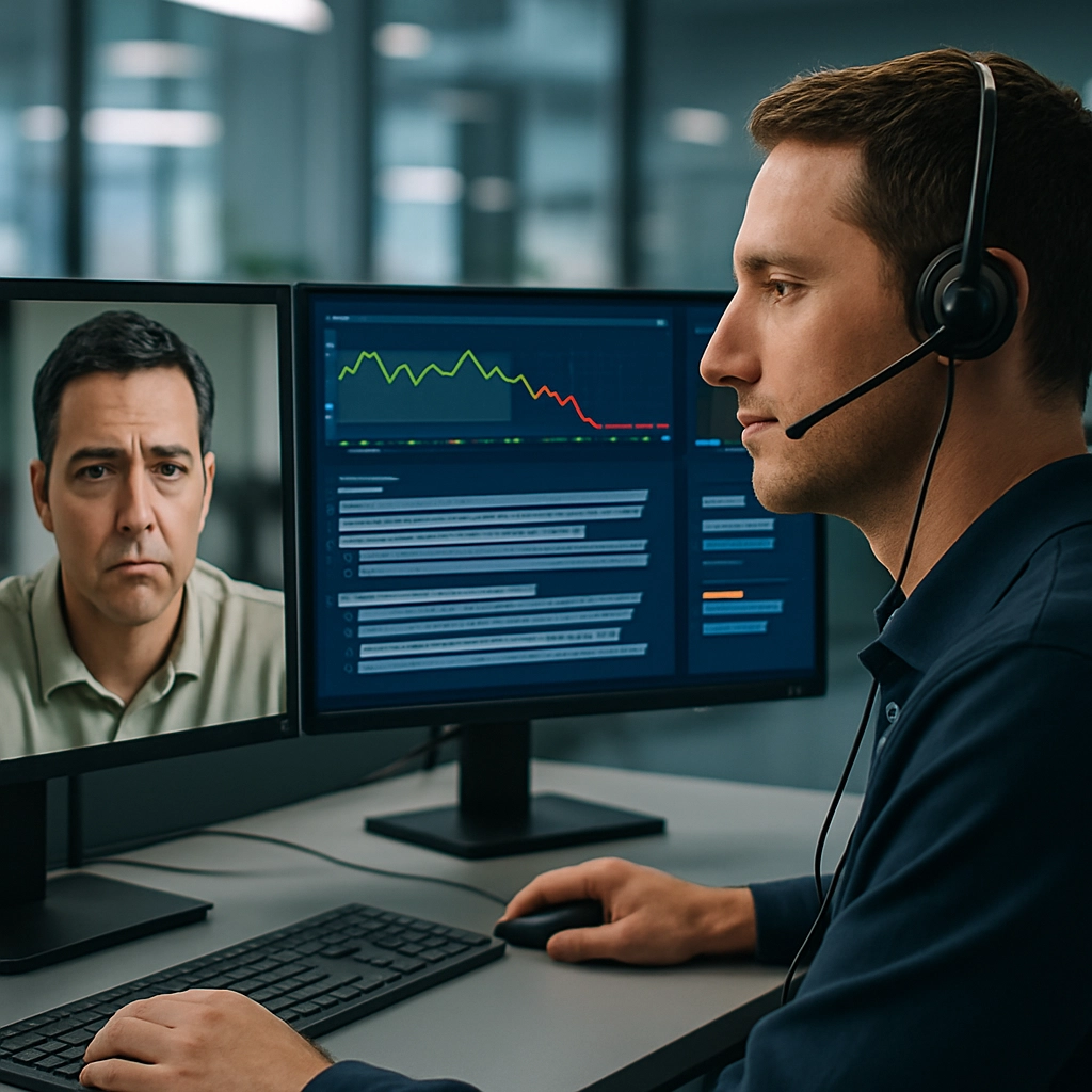 A photorealistic, high-quality digital image of a customer service agent’s dual-monitor workstation in a financial services call centre. On the left monitor, a live video feed is visible of a customer’s face, showing a neutral but slightly concerned expression. On the right monitor, a sophisticated AI dashboard is displayed. The dashboard features a clear, colour-coded sentiment analysis graph that shows the customer’s emotional journey over the course of the call, currently indicating a low level of frustration. A large, central window on the dashboard displays a text transcript of the conversation, with AI-generated key phrases and next-best-action suggestions highlighted. The agent is relaxed, listening intently. The image must contain zero text, letters, or words.