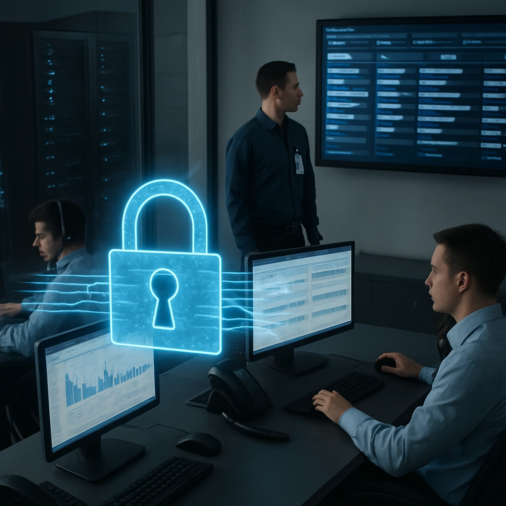A high-resolution, realistic image of a financial services contact centre from a bird’s-eye or angular perspective. The focus is on the security and data flow. A translucent, glowing blue digital lock icon is superimposed over a section of the workspace, representing data encryption. In the background, a large, dark server rack with blinking blue lights is visible through a glass wall. A compliance officer with a badge is seen monitoring a central, wall-mounted dashboard that displays a live, scrolling feed of flagged calls and anonymized customer data points, all protected by multiple layers of visual security protocols. The image conveys safety, security, and regulatory adherence. There must be no text, letters, or words in the image.