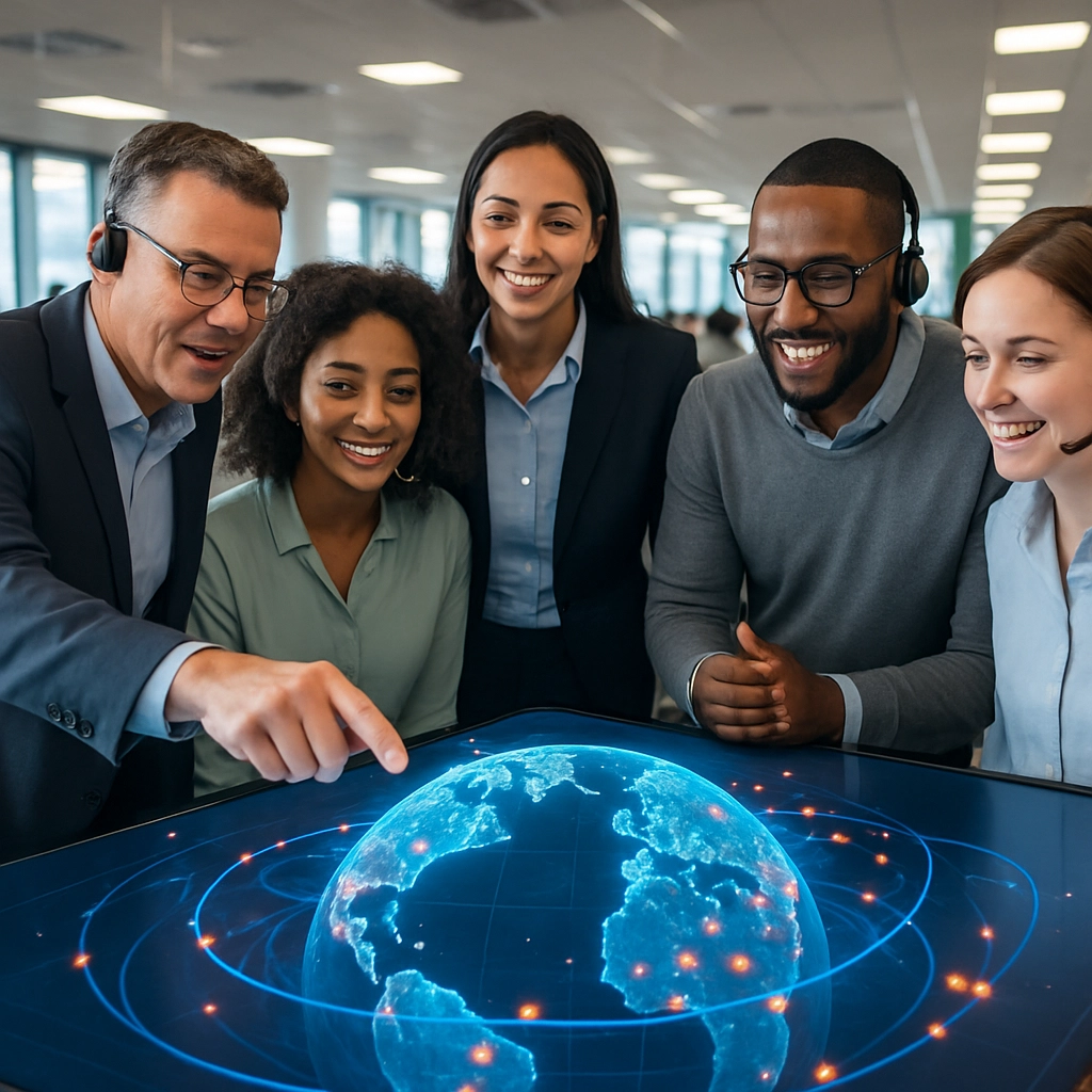 A final, powerful, and evocative image of a diverse group of financial services agents and managers in a modern, open-plan contact centre. They are not at their desks but are gathered around a large, interactive touchscreen table. On the screen, a dynamic 3D globe is displayed, with data points from customer interactions lighting up in real-time. The mood is one of collaboration, innovation, and optimism. A manager is pointing at a new data insight, and agents are nodding, looking engaged and inspired. The lighting is bright and natural. The scene captures the human future of AI-powered finance. The image must contain zero text, letters, or words.