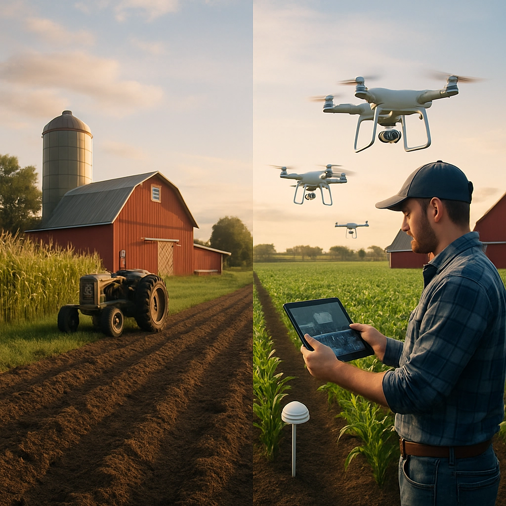 A photorealistic image showing a side-by-side comparison of a traditional farm on one side and a futuristic smart farm on the other. The smart farm side features drones flying over crops, IoT sensors in the soil, and a farmer using a tablet to view real-time data. The image must clearly illustrate the transition from conventional to digital farming, WITHOUT any text, letters, or words.