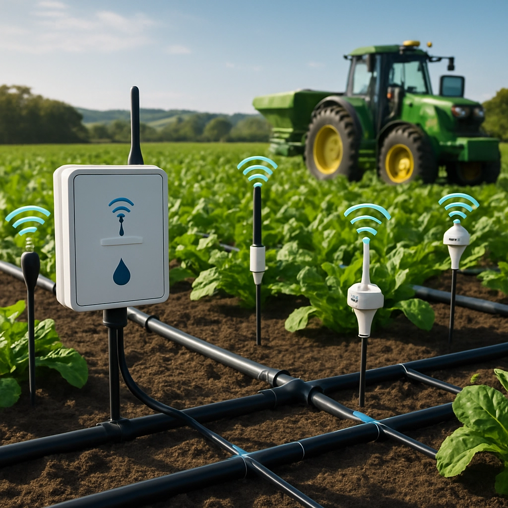 A highly detailed photorealistic image showing a smart irrigation system in a large field. The image should display an array of IoT sensors sticking out of the soil, connected wirelessly to a central water control unit. In the background, a tractor with GPS and a data monitor is seen applying fertilizer. A clear network of moisture pipes is visible. The scene should be in a sunlit, green agricultural landscape. The image should have NO text, letters, or words.