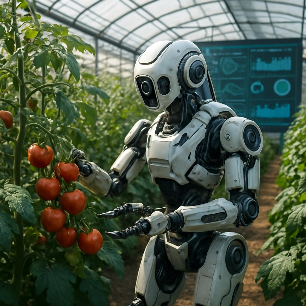 A highly detailed, futuristic photorealistic image of an autonomous robot harvesting ripe vegetables in a high-tech greenhouse. The robot has multiple arms with precision sensors. The greenhouse is filled with healthy, lush plants arranged in optimized rows. In the background, a large screen displays complex data visualizations of crop health and growth predictions. The scene should evoke a sense of advanced, clean, and efficient agriculture. The image must have absolutely NO text, letters, or words.