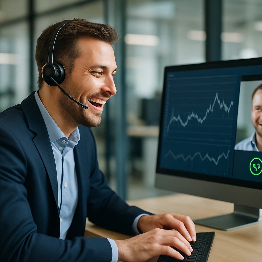 A highly detailed realistic image of a modern financial contact centre agent wearing a headset, looking at a large screen with emotion analytics software showing a live graph and a video feed of a client on the right side. The screen displays the client's emotion as detected by AI: a smiley face icon and a green 'happy' label. The agent is smiling, enthusiastically typing on a keyboard. The office is bright with natural light, sophisticated corporate design, and no text, letters, or words anywhere.