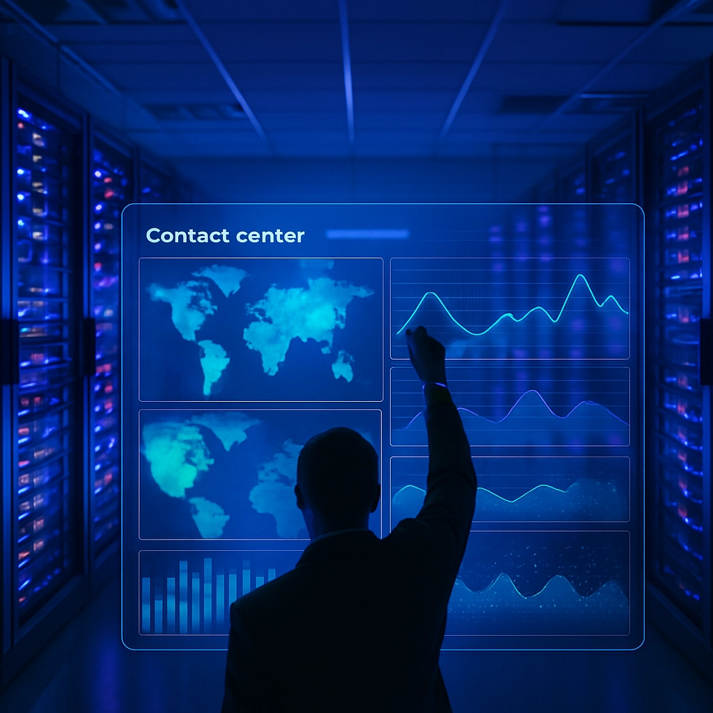 A highly realistic cinematic image of a large data center room with rows of servers lit with blue and purple neon lights. In the foreground, a transparent futuristic display shows a real-time dashboard of a contact centre with complex data visualizations like heatmaps of customer locations and sentiment graphs. A silhouette of a man in a suit is standing in front of the display, pointing at a spike in the data. The scene is clean, high-tech, and devoid of any text, letters, or words.