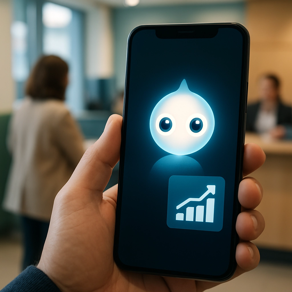A photorealistic image of a person holding a smartphone with a friendly virtual assistant interface displayed on the screen. The assistant’s avatar is a simple, elegant geometric shape (like a glowing orb or a star) with expressive digital eyes. Behind the phone, a blurred background shows a modern bank branch with a customer talking to a teller. The focus is on the phone screen; the assistant appears to be explaining something through a pop-up chart. There is no text, letters, or words on the screen or in the image.