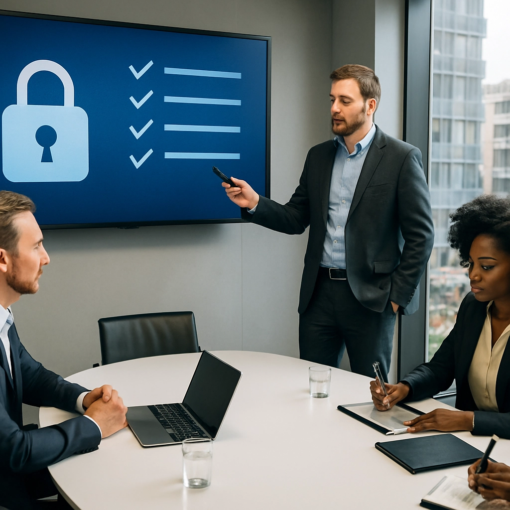 A realistic image inside a modern boardroom. A diverse team of professionals from different ethnicities (Caucasian, Middle Eastern, Black) are sitting around a sleek white oval table. There is a large screen on the wall showing a padlock icon and an AI ethics compliance checklist. One man is presenting with a laser pointer, another woman is making notes on a tablet. The atmosphere is serious but collaborative. The room has large windows showing a city market, and there is no text, letters, or words anywhere.