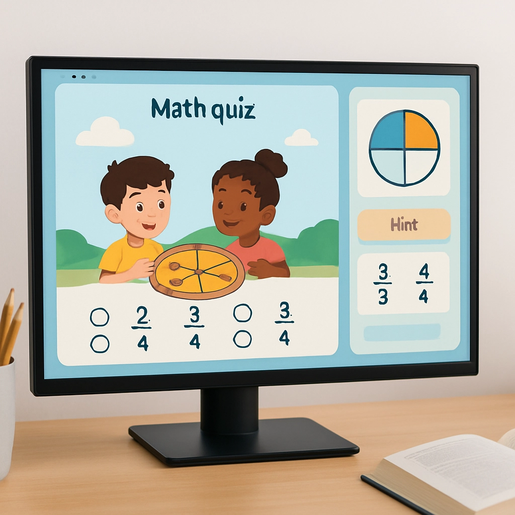 A photorealistic image of a computer screen interface showing an online math quiz for students. The screen displays a colorful, cartoon-style math problem about fractions, with multiple-choice answers and a 'hint' button. Beside the main question, a sidebar shows a simple, animated diagram of a pie chart being divided. The background is a clean, modern desk with a cup of pencils and a textbook. The image must contain NO text, letters, or words anywhere.