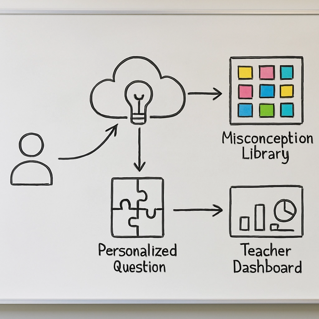 A photorealistic image showcasing a data flow diagram as if drawn on a classroom whiteboard. On the left, a student icon connects to a cloud icon labeled 'Azure AI'. Arrows from the cloud branch into three paths: one path leads to a 'Misconception Library' shown as a grid of colorful sticky notes, another leads to a 'Personalized Question' icon showing a puzzle piece fitting perfectly, and the third path leads to a 'Teacher Dashboard' icon featuring a simple bar chart and a clock. The image is clean, educational, and professional. The image must contain NO text, letters, or words anywhere.