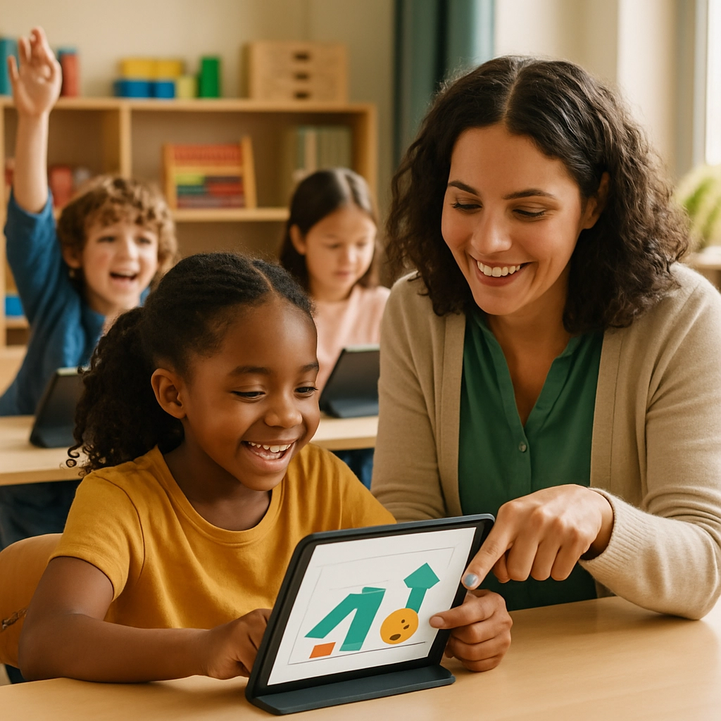 A photorealistic image of a happy, diverse classroom scene. A teacher is pointing at a tablet screen, showing a student a colorful chart with simple shapes (a green upward arrow, a smiling face icon). Other students in the background are working individually on their own tablets, with one student raising his hand and smiling. The classroom shelves have math manipulatives like blocks and abacuses. The lighting is warm and natural. The image must contain NO text, letters, or words anywhere.