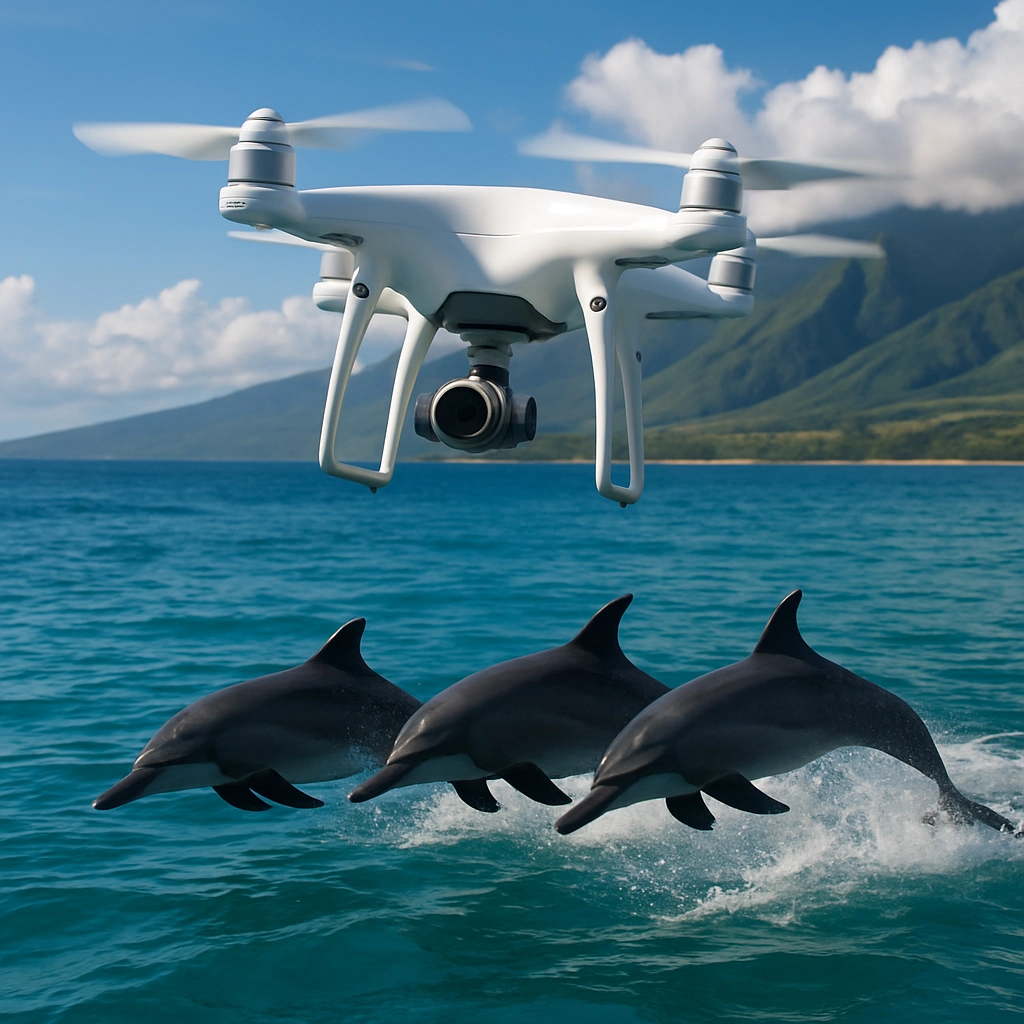 A photorealistic image of a sleek, white drone flying low over a turquoise ocean, with three dolphins jumping out of the water in the foreground. The drone has a high-resolution camera attached, and the background shows the coastline of Maui with green mountains. No text, letters, or words in the image.