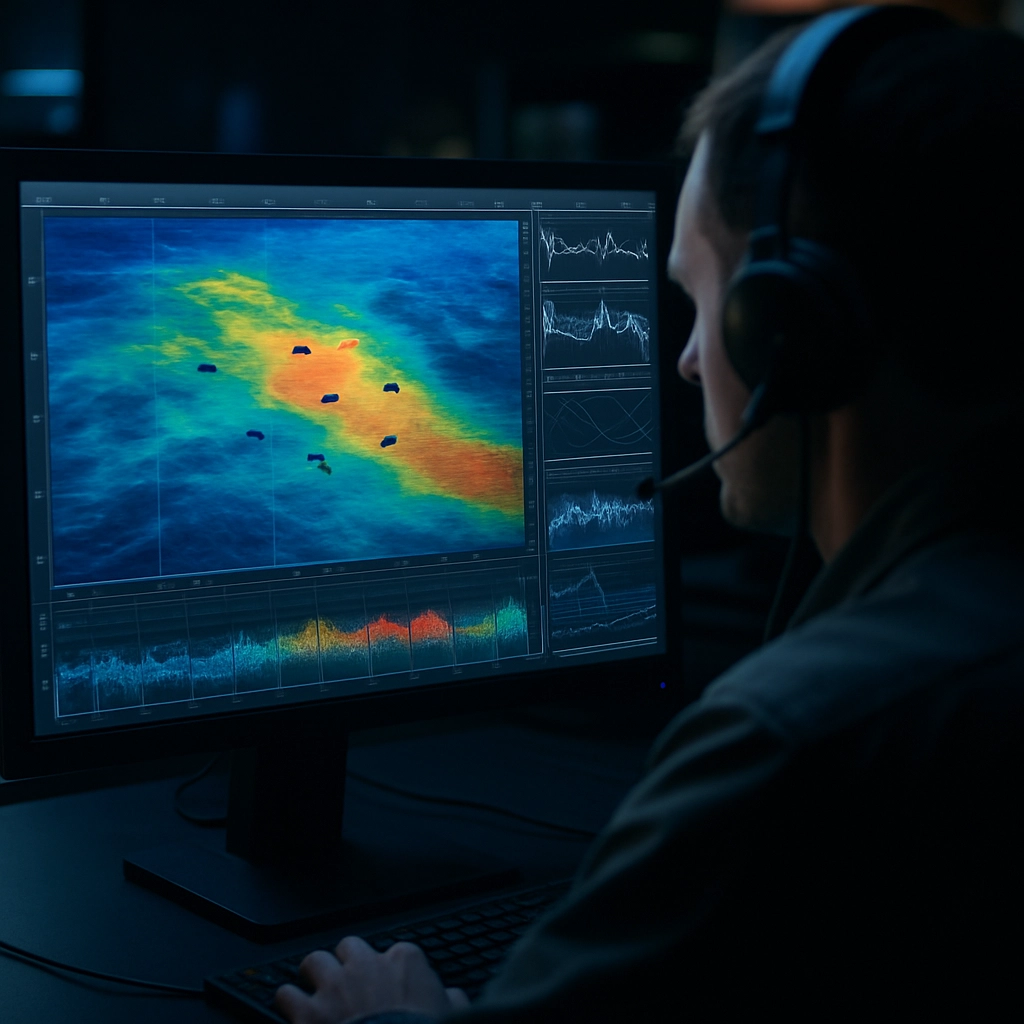 A photorealistic image showing a computer screen displaying a colorful heat map of the ocean with moving dots representing dolphins, and a drone operator wearing headphones in a dimly lit control room. The screen shows complex graphs and data overlays. No text, letters, or words in the image.