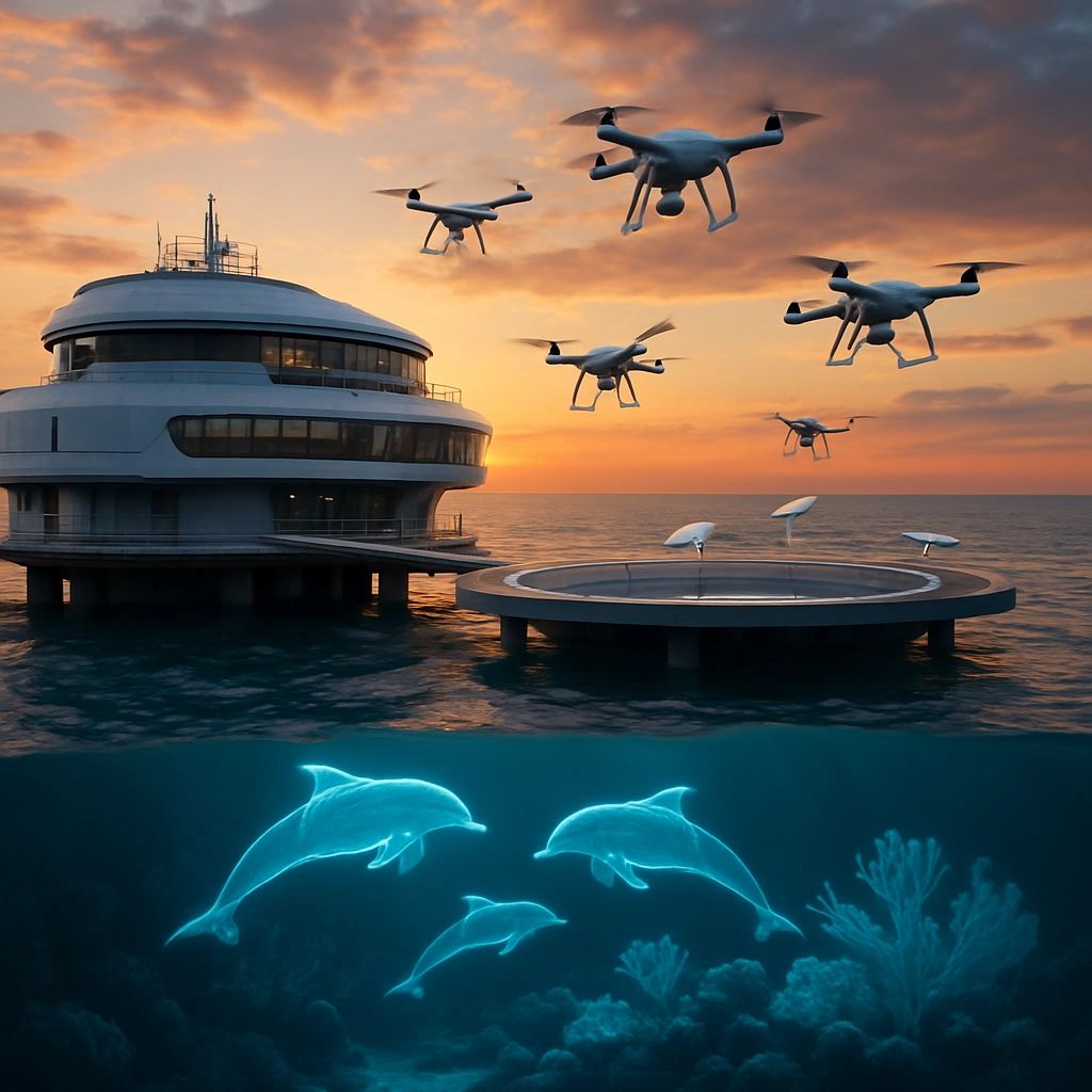 A photorealistic image of a futuristic marine research station floating on the ocean, with multiple drones taking off from a landing pad. Below the surface of the water, holographic representations of dolphins and coral reefs can be seen. The sky is colorful with a sunset. No text, letters, or words in the image.