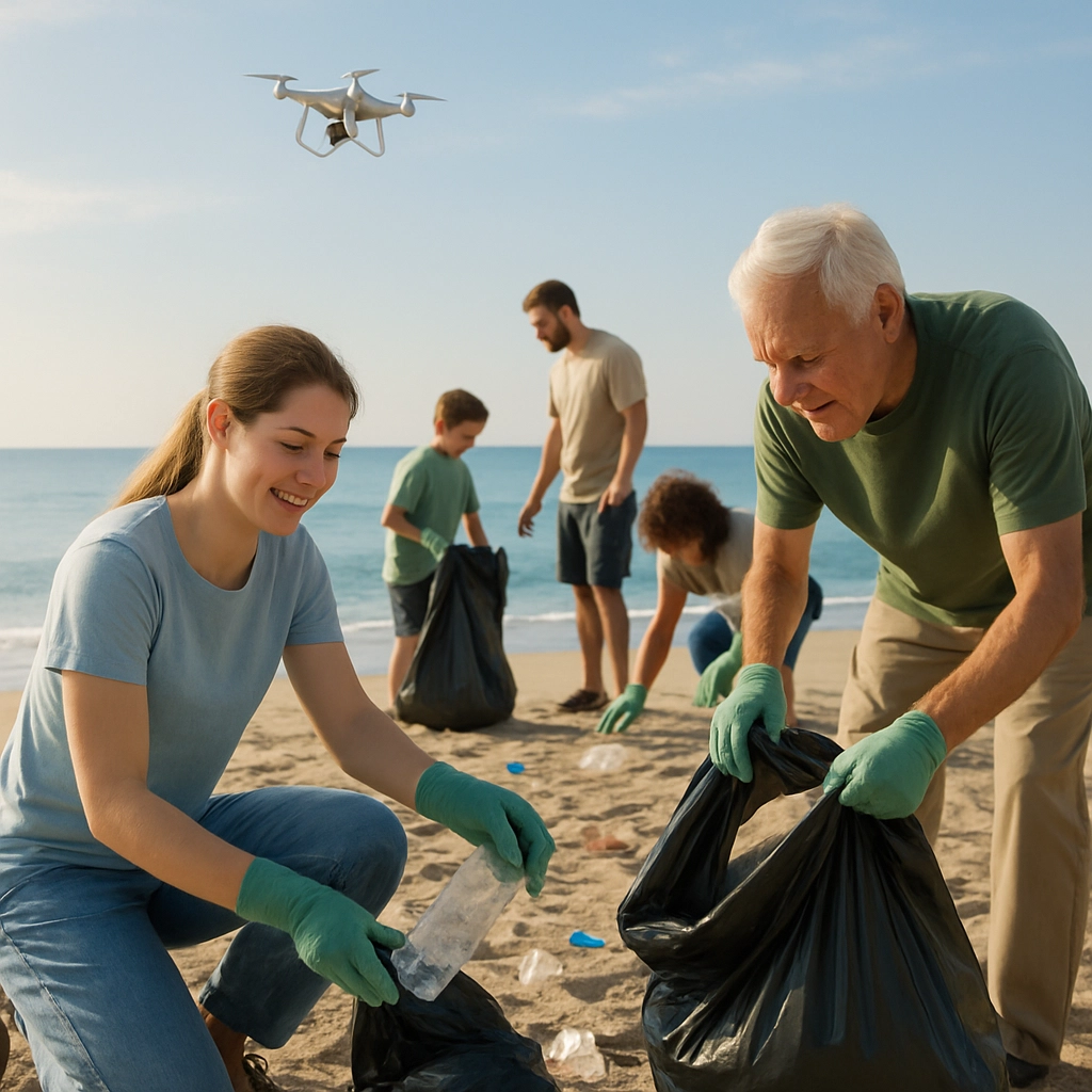 A photorealistic image showing a community beach clean-up event with volunteers of different ages collecting plastic waste from a sandy shore. In the background, a drone is flying, and a sign near the water reads "Protect Our Ocean". The scene is bright and hopeful. No text, letters, or words in the image.