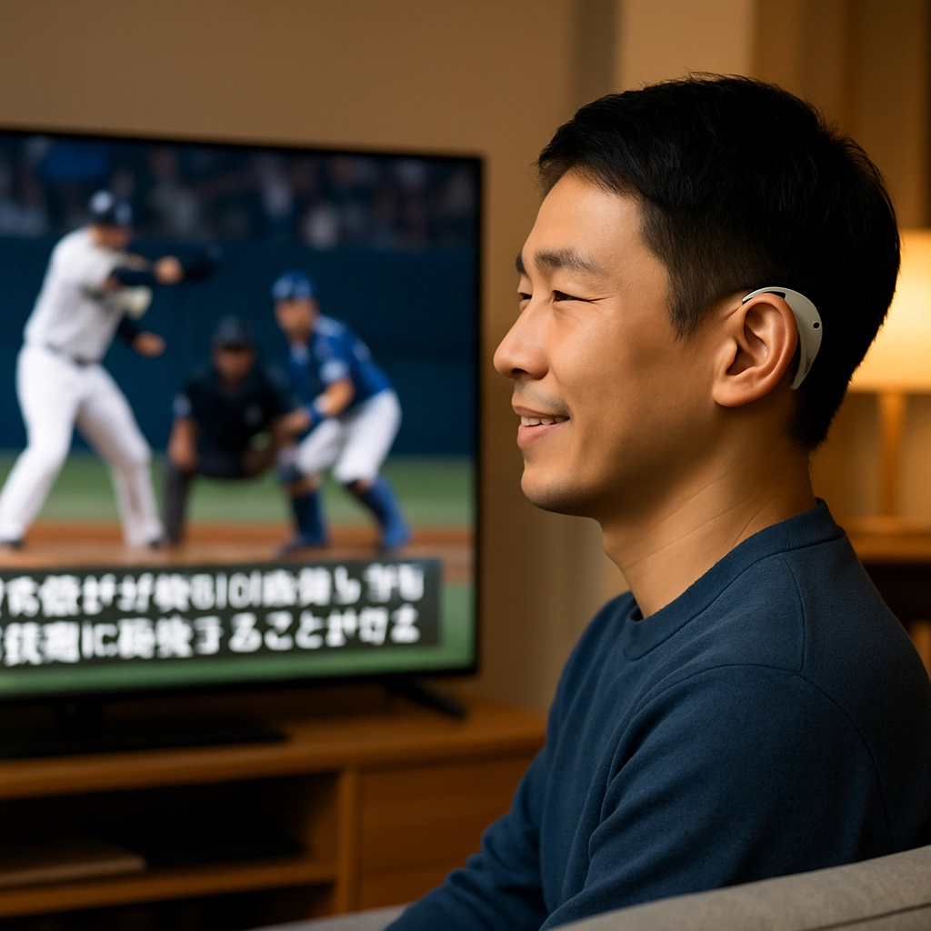 A realistic, high-quality image of a Deaf Japanese person sitting on a modern sofa at home, watching a live baseball game on a large TV. The TV screen shows blurry action but crisp, AI-generated subtitles are overlaid in clear, bold Japanese text. The person wears a high-tech hearing aid and looks focused, with a slight smile. The subtitles are vibrant and appear to react to the speed of the game. The room is warm, with soft lighting from a lamp. The image must contain no text, letters, or words.