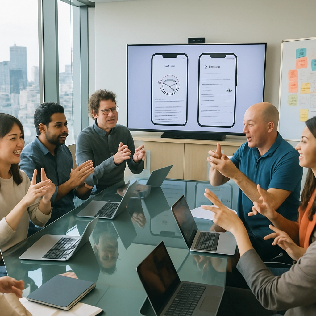 A realistic, high-quality image of a diverse group of people, including Deaf individuals and Microsoft engineers, sitting around a modern glass conference table in a bright Tokyo office. On the wall, a large screen shows mockups of the Mimi interface. Some participants are using sign language. There are whiteboards with flowcharts and user feedback notes. The scene is collaborative and energetic. The image must contain no text, letters, or words.