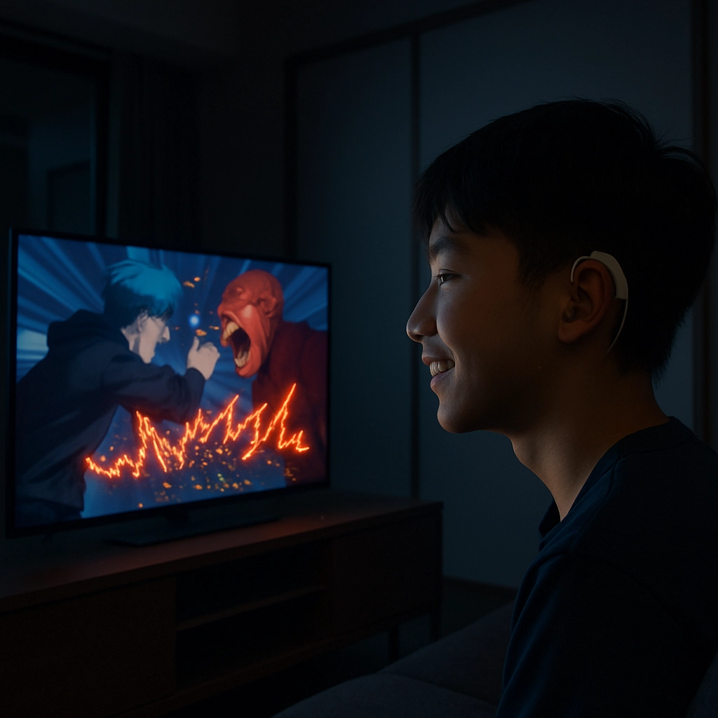 A realistic, high-quality image of a modern, minimalist Japanese apartment at night. A young Deaf teenager, wearing a trendy hearing aid, is watching an animated series on a large, thin screen. The TV is emitting a soft glow. The subtitles on the screen are not static; they are formed of glowing, animated particles that change shape and color to match the intensity of a fight scene on the screen (e.g., jagged red lines for a screaming villain). The room is dark except for the TV glow. The focus is on the viewer’s face, which is fully engaged and happy. The image must contain no text, letters, or words.