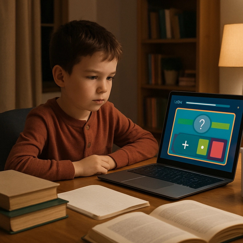 A photorealistic image of a child sitting at a desk at home, looking at a laptop screen showing a colorful math quiz interface. The screen displays a progress bar and hints. The room is neat with school books. The child's face shows concentration, but no text or words appear on the screen or in the image. The lighting suggests a study session in the evening.