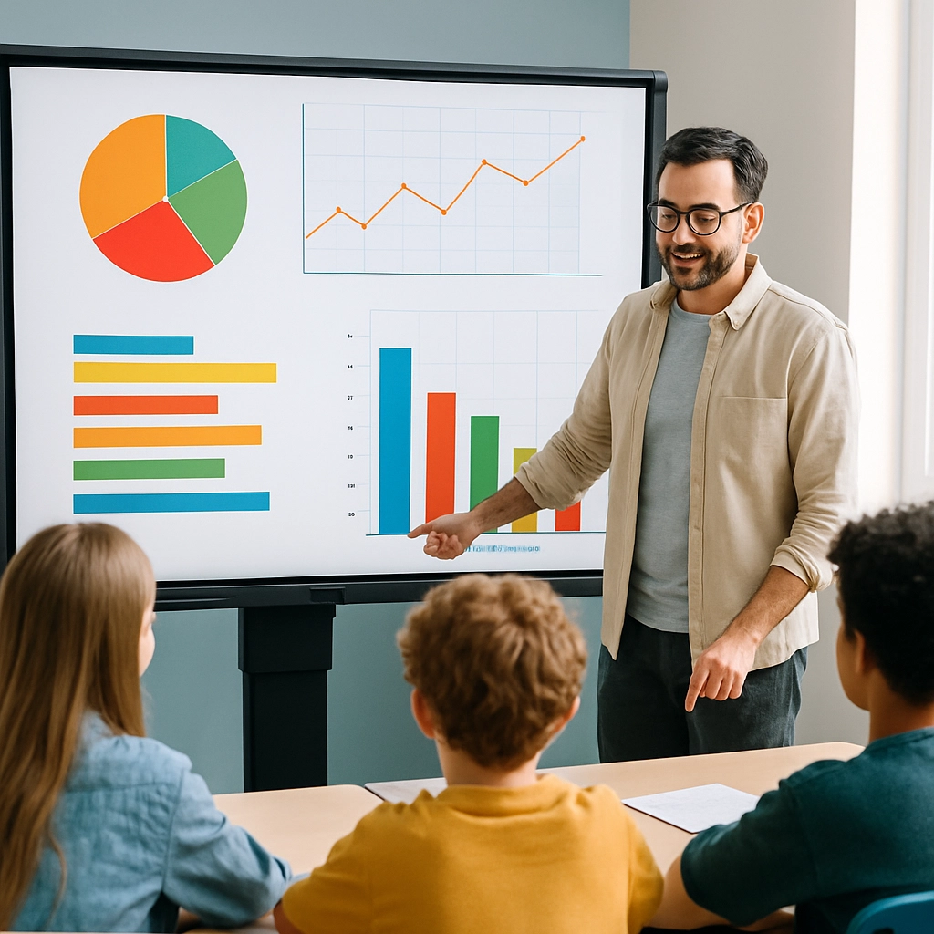An image of a teacher in a classroom pointing at a large interactive whiteboard displaying colorful charts and graphs analyzing student quiz performance. The board shows bars representing common mistakes. The teacher is explaining to a small group of students. No text, letters, or words appear on the whiteboard or anywhere in the image. The scene is brightly lit and focused on the teacher-student interaction.