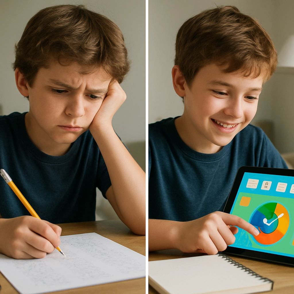 A split-screen image. The left side shows a student with a puzzled expression looking at a traditional math worksheet. The right side shows the same student smiling while using a tablet with a bright math app interface indicating progress. Both scenes are in a home study environment. No text or words appear on the tablet or worksheet. The contrast emphasizes the positive change with the AI tool.