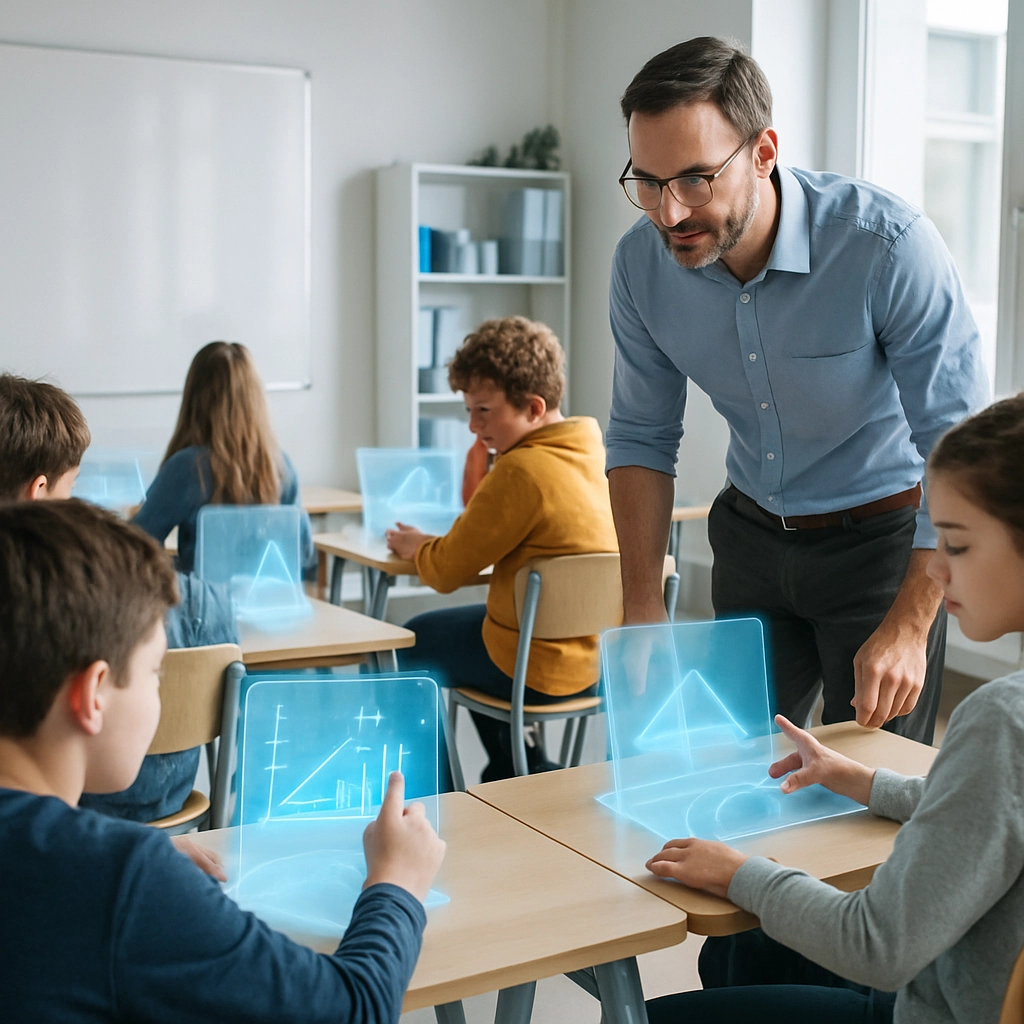 A futuristic yet realistic classroom scene where students are working on individual holographic tablets, each showing different interactive math problems adapted to their level. A human teacher walks among them, providing guidance. The environment is modern, bright, and collaborative. No text or words are visible on the holograms. The image conveys the future of personalized education.
