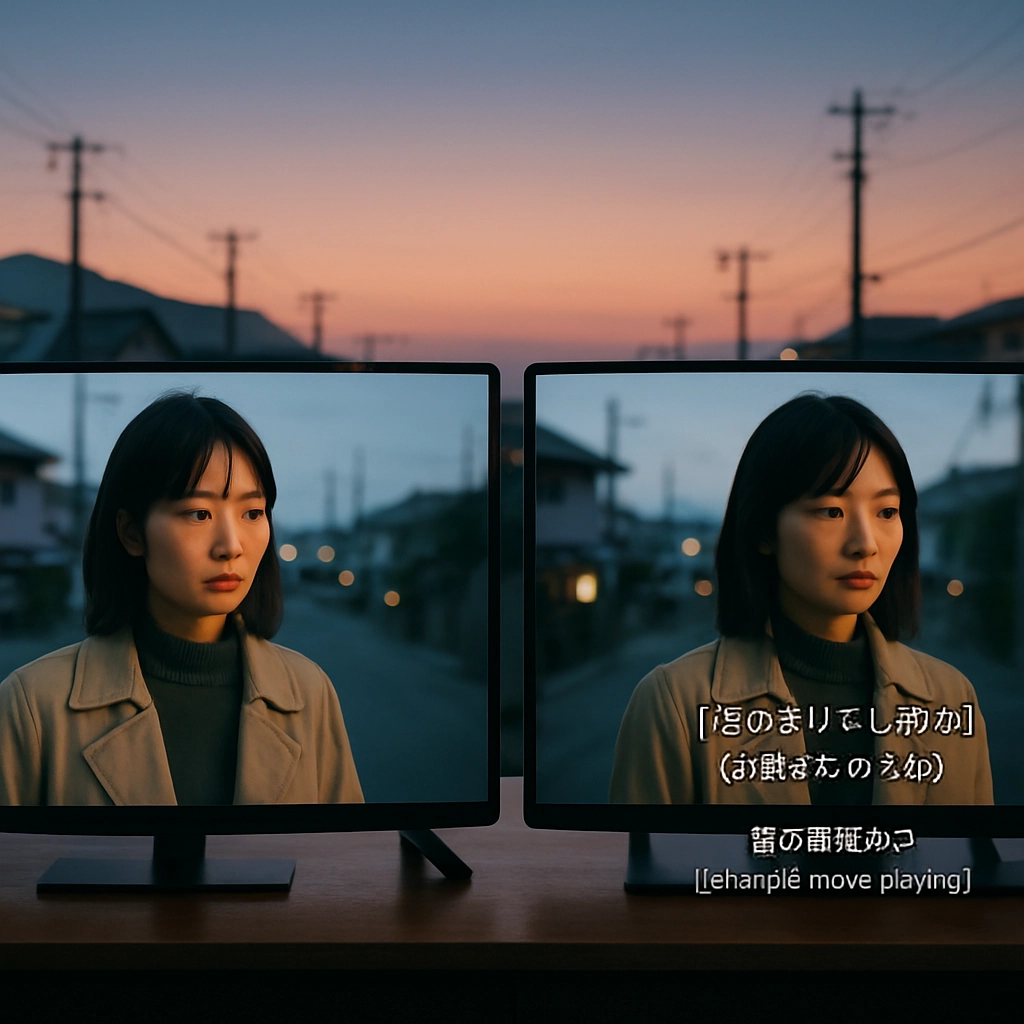 An ultra-realistic, high-quality image depicting a split screen: On the left, a traditional TV show with delayed, minimal subtitles; on the right, the same show enhanced by AI Mimi, showing accurate, synchronized captions, dynamic descriptions like "dramatic music playing" and "footsteps approaching" in Japanese text. The background shows a serene Japanese cityscape at dusk. No text should appear on the left screen. Ensure no letters or words are visible in the final image.