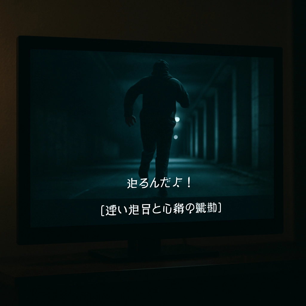 A realistic, high-quality image showing a close-up of a TV screen displaying a dramatic scene. On the screen, there are three layers: a video of a person running, a subtitle track in Japanese, and a dynamic description box at the bottom saying "[أصوات خطوات سريعة وضربات قلب]" in Japanese. The room is dimly lit, focused on the TV. No text other than the example description, but ensure no full English letters are visible.