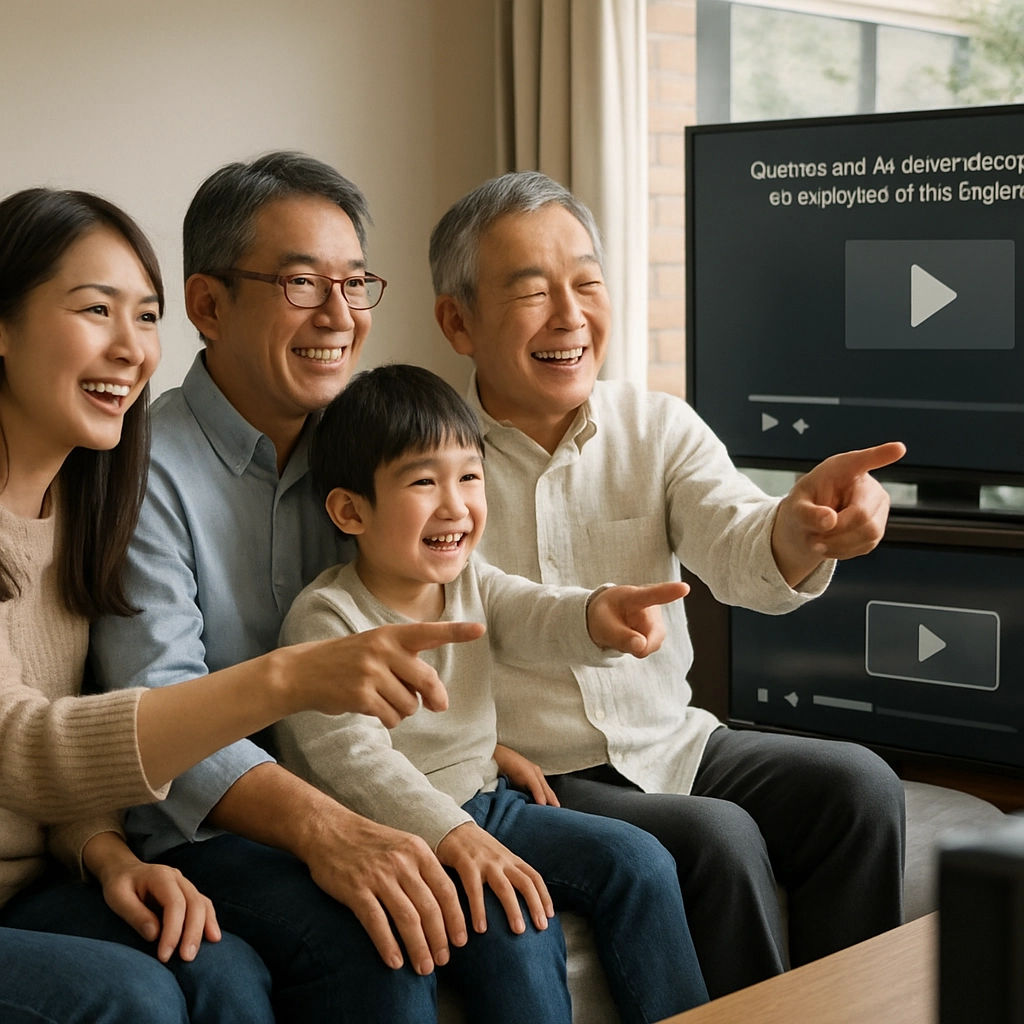 A realistic, high-quality image of a multi-generational Japanese family sitting together on a sofa in a modern living room, smiling and pointing at the TV. Captions and AI-driven descriptions are displayed on the large screen. The atmosphere is warm, unified, and inclusive. The background includes a simple window with a view of a garden. No text, letters, or words should appear in the image.