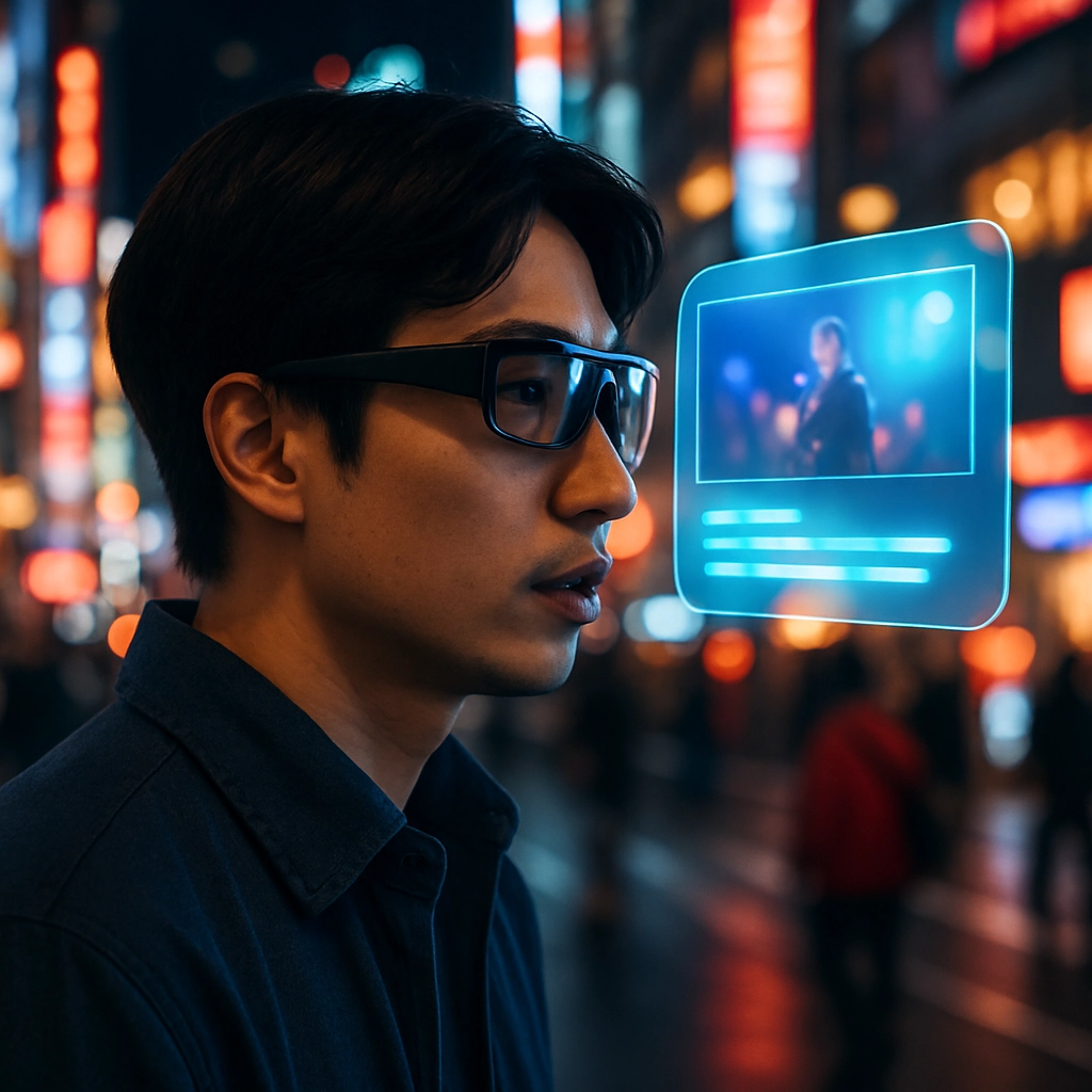A futuristic, realistic image showing a Japanese person in a city street at night, looking at a floating AR display (holographic glasses) that shows real-time, animated captions and descriptions of a live concert or announcement happening nearby. The scene is vibrant with city lights, but the focus is on the clear, accessible captions in the AR interface. No text, letters, or words should be visible.