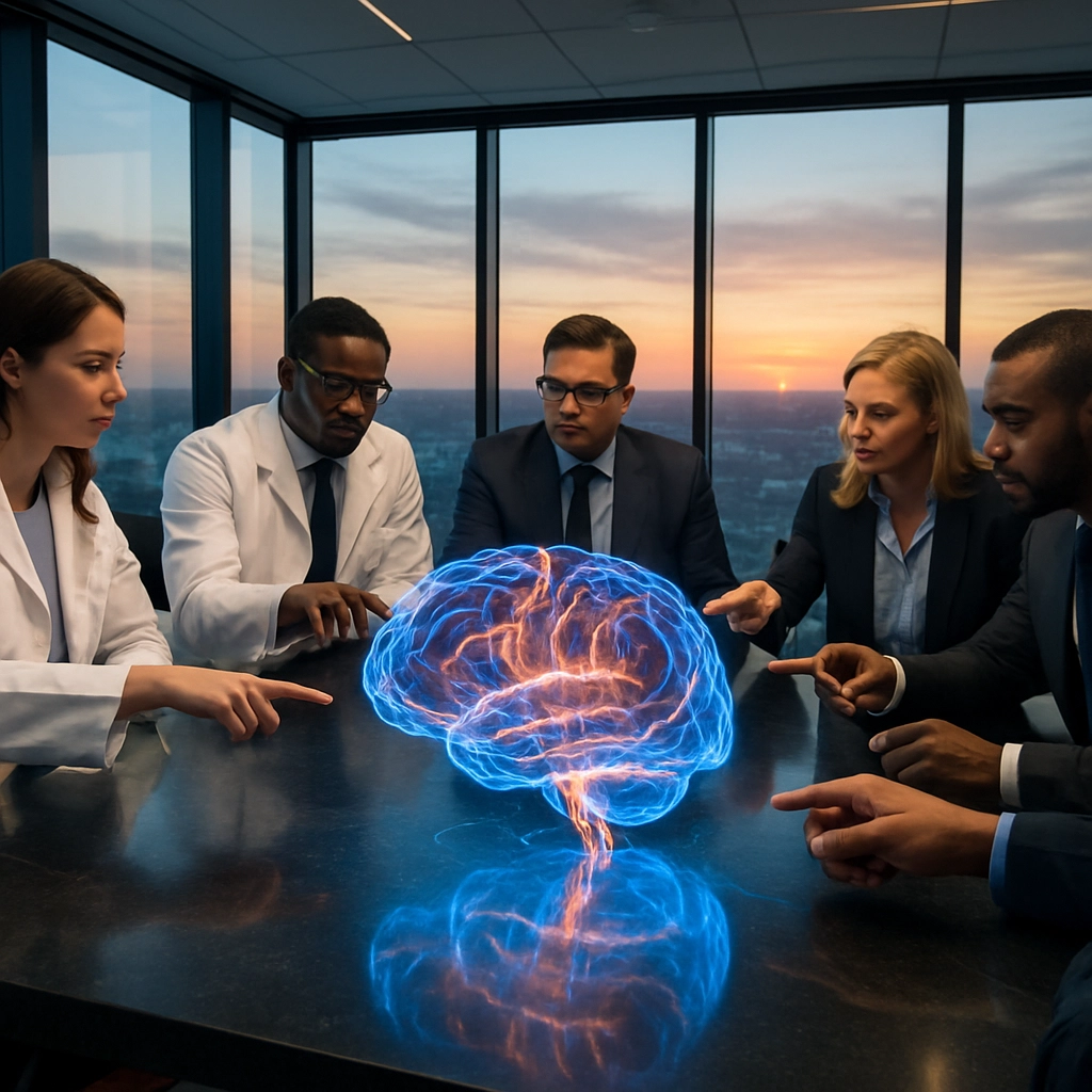 A visually stunning, photorealistic image of a sleek, modern office boardroom with a large central table made of polished black stone. On the table, a complex, glowing 3D holographic model of a human brain is rotating, with intricate neural pathways illuminated in blue and orange. Around the table, a multi-ethnic group of professionals—some in lab coats, some in business suits—are pointing and discussing the model intently, with expressions of serious deliberation. The background features floor-to-ceiling windows showing a calm sunset over a sprawling city. The image must contain absolutely no text, letters, or words.