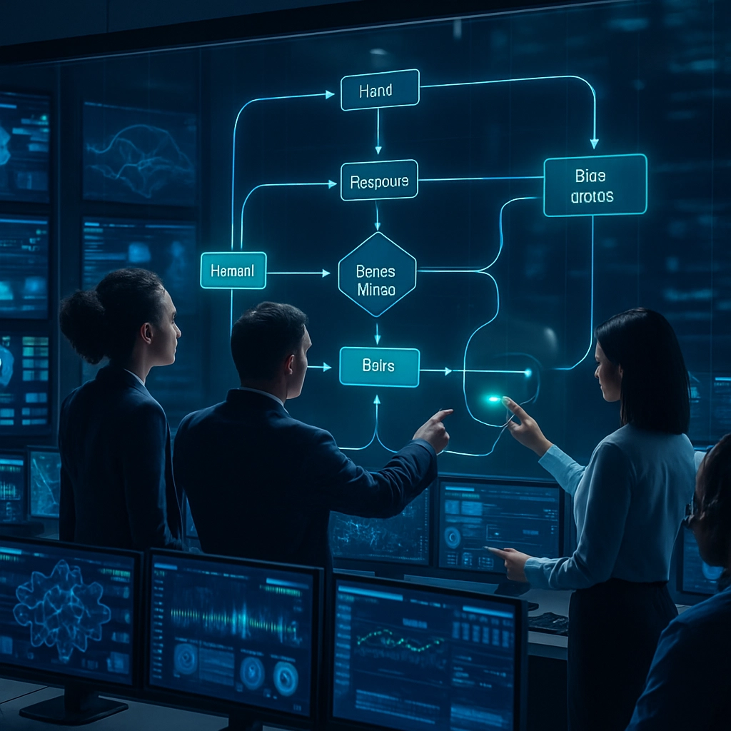 A beautifully composed, hyper-realistic image of a modern control room filled with multiple screens showing various AI dashboards and data flow visualizations. In the center, a diverse team of operators and analysts are standing in front of a massive, transparent digital wall. On the wall, a complex flowchart maps out the decision-making process of an AI algorithm, showing inputs, processing steps, and outputs, with highlighted nodes indicating fairness and bias checks. One person is pointing to a specific data point, while another is adjusting a slider on a holographic interface. The lighting is cool and professional, with monitors casting a blue glow. The image must contain absolutely no text, letters, or words.