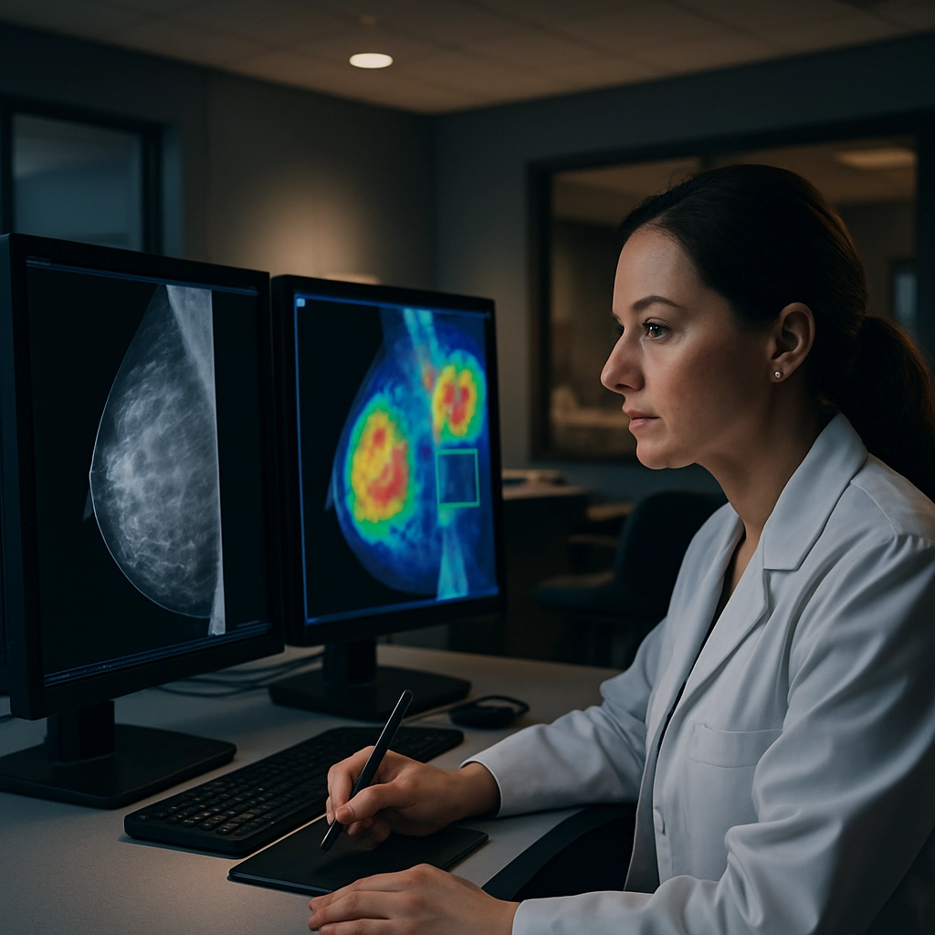 A detailed, cinematic image of a state-of-the-art radiology reading room in a modern hospital. A female radiologist in a white coat is sitting at a workstation examining two high-resolution medical monitors. One monitor shows a standard mammogram image, while the other shows the same image overlaid with color-coded heatmaps and bounding boxes generated by an AI assistant, highlighting potential areas of concern. The radiologist has a calm, focused expression, wearing a digital pen in hand, ready to annotate. The room is softly lit, with warm, ambient light. The image must contain absolutely no text, letters, or words.
