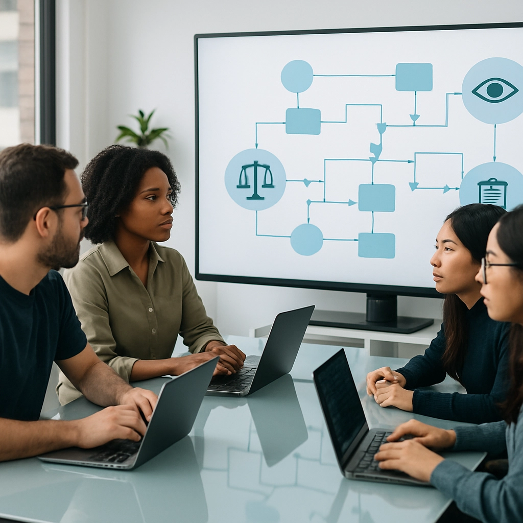 A photorealistic, high-quality image of a diverse group of software engineers and data scientists (men and women of different ethnicities) sitting around a modern, glass-topped conference table in a bright, tech-focused office. They are looking at a large, interactive whiteboard that displays a flowchart diagram with nodes labeled with icons for fairness, transparency, and accountability. The atmosphere is collaborative and focused. The image must be completely free of any text, letters, or words.
