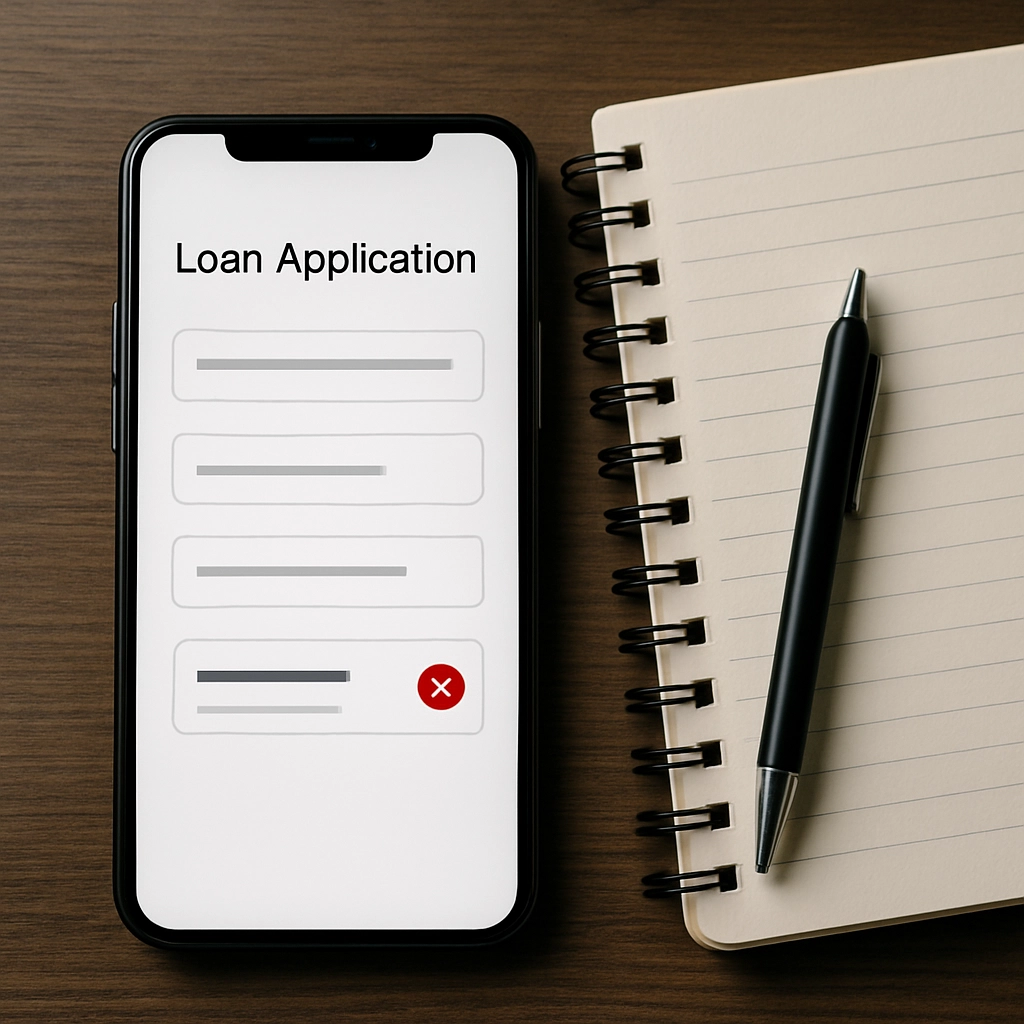 A realistic, high-quality image of a smartphone screen displaying a loan application form. A red error icon appears next to a rejected field. Next to the phone, there is a physical notebook with handwritten notes titled 'Audit Log' and a pen. The scene conveys the idea of traceability and responsibility in automated decisions. The image must be completely free of any text, letters, or words.