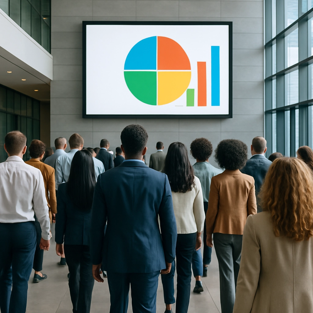 A photorealistic, high-quality image of a large, diverse group of people walking through a modern corporate office lobby. The camera angle is from behind, showing a mix of ages, genders, and ethnicities. A giant digital screen on the wall displays a dynamic chart showing balanced diversity metrics (e.g., a pie chart equally divided). The scene is aspirational and inclusive. The image must be completely free of any text, letters, or words.